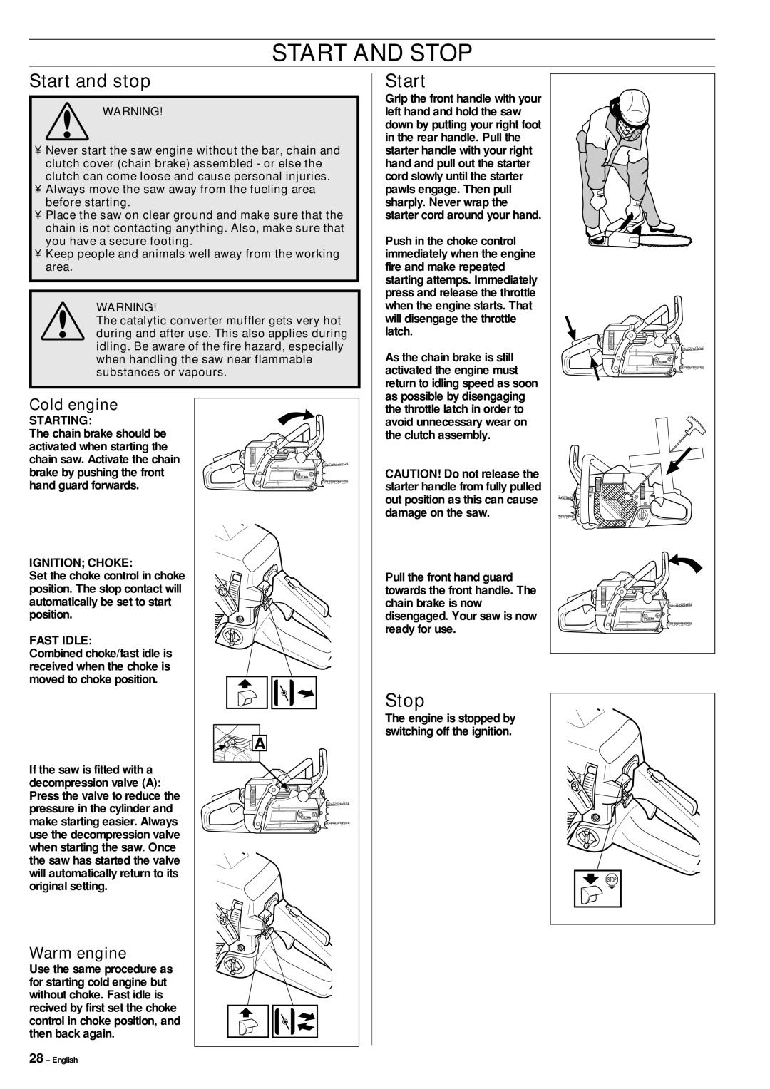 Jonsered CS 2152 manual Start and Stop, Start and stop 