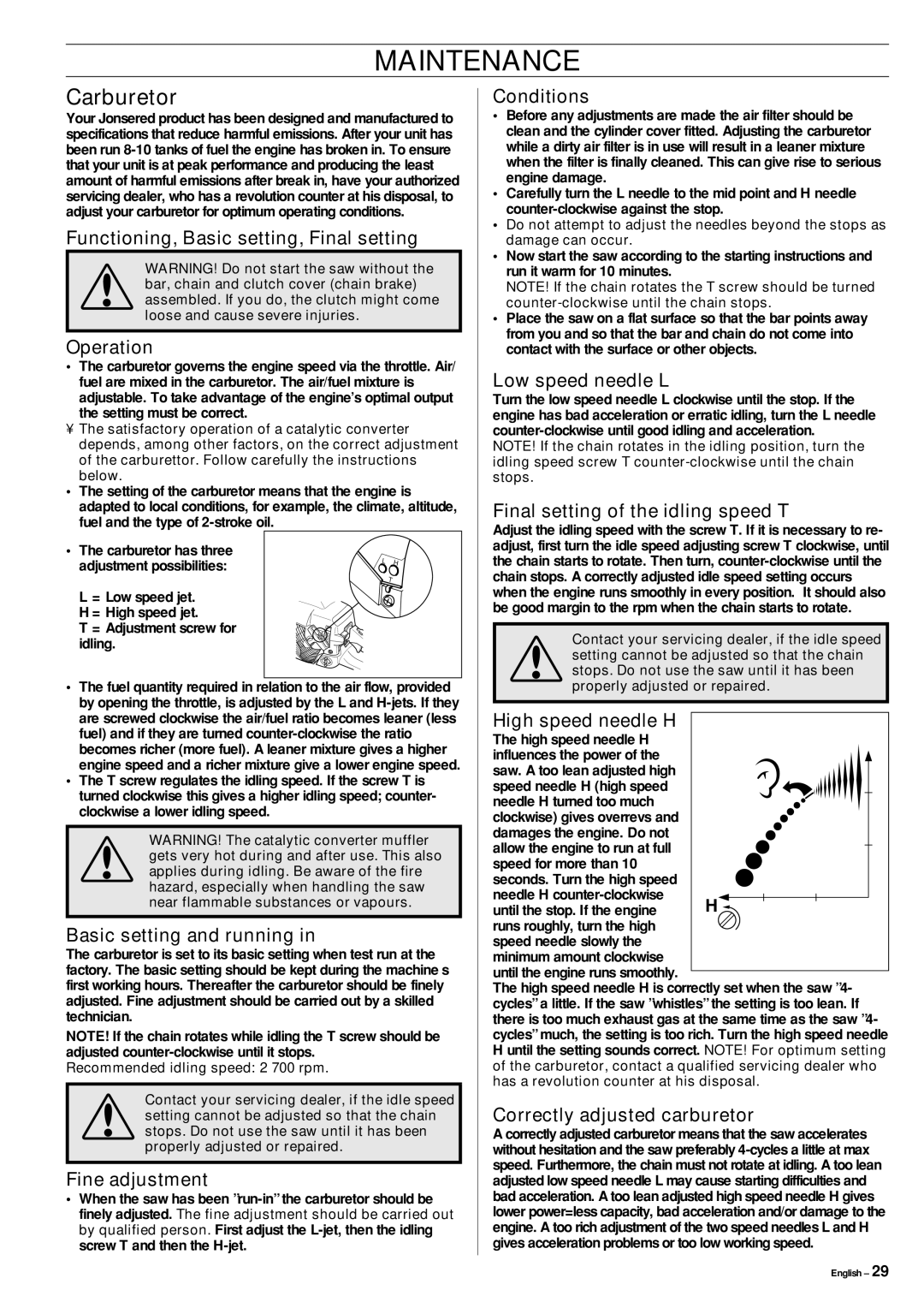 Jonsered CS 2152 manual Maintenance, Carburetor 