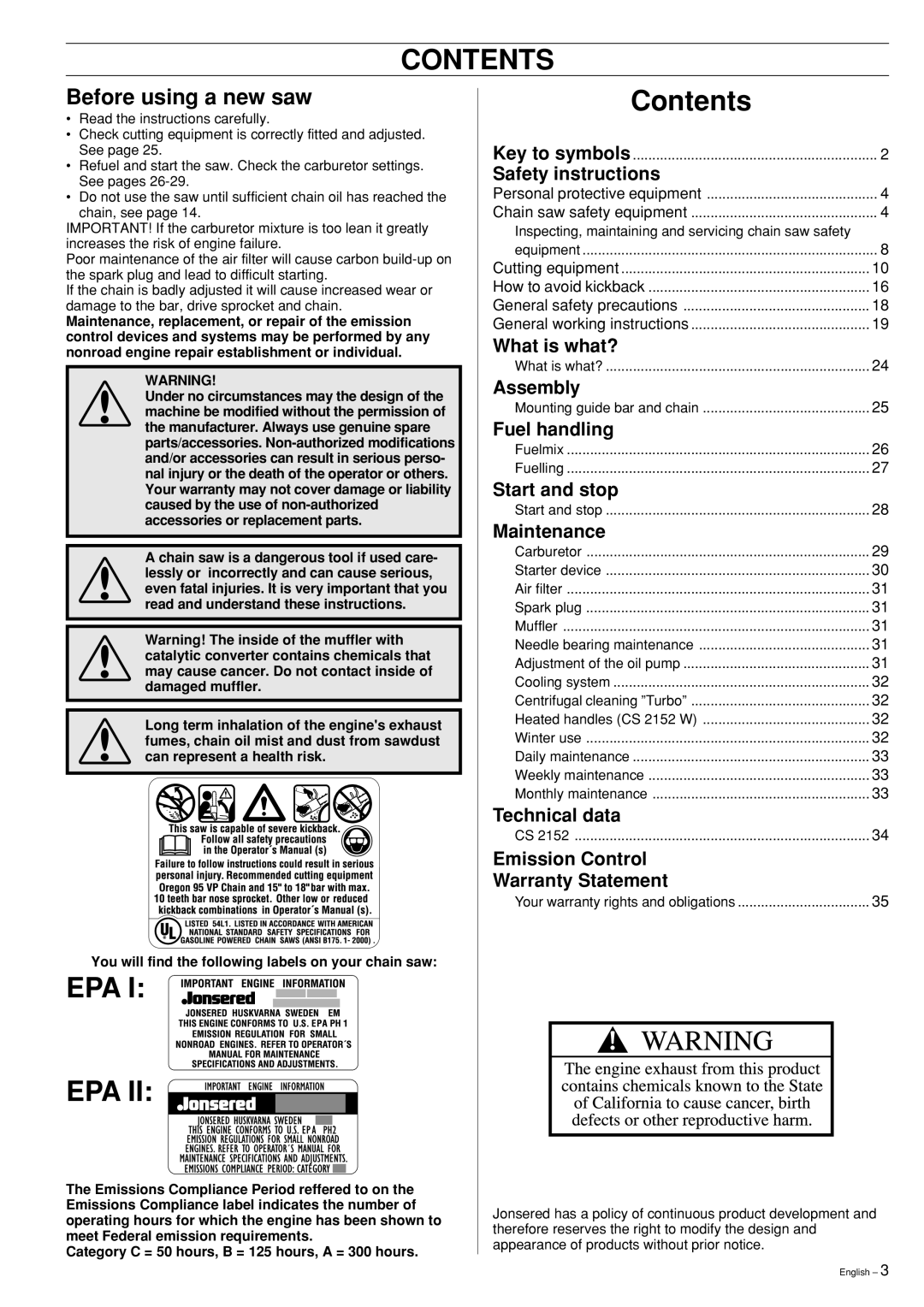 Jonsered CS 2152 manual Contents, Epa 