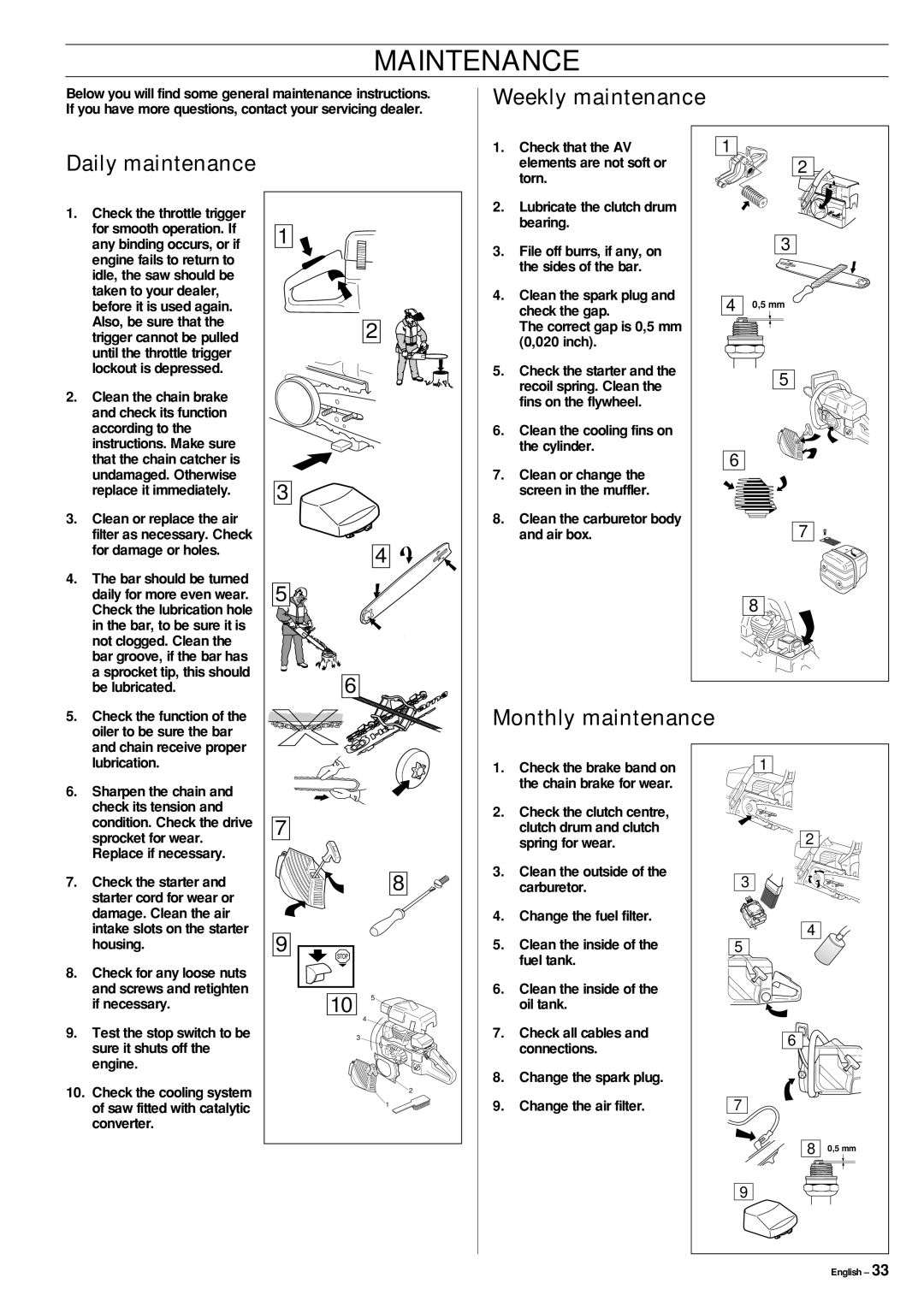 Jonsered CS 2152 manual Weekly maintenance Daily maintenance, Monthly maintenance 