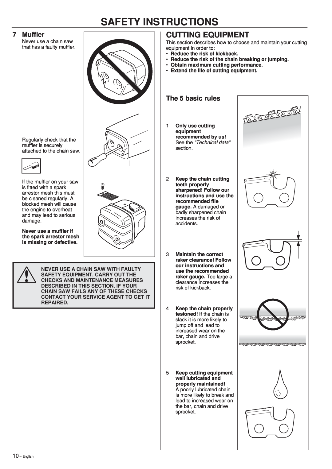 Jonsered CS 2152 manual Cutting Equipment, The 5 basic rules, Safety Instructions, Muffler 