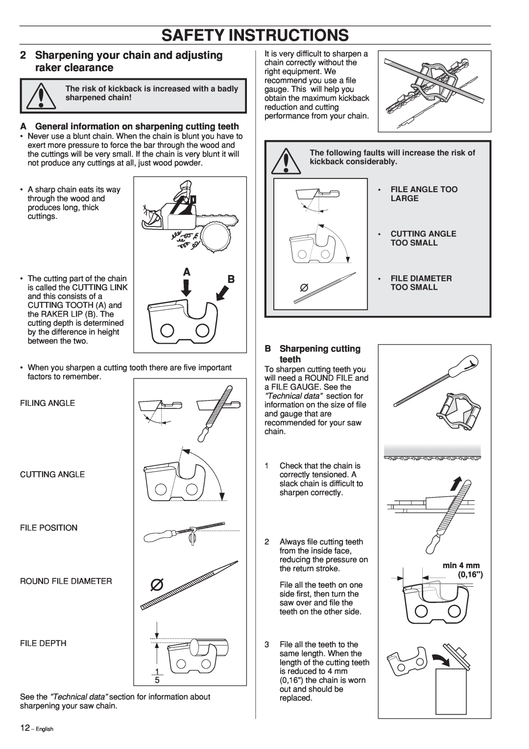 Jonsered CS 2152 manual AGeneral information on sharpening cutting teeth, B Sharpening cutting teeth, Safety Instructions 