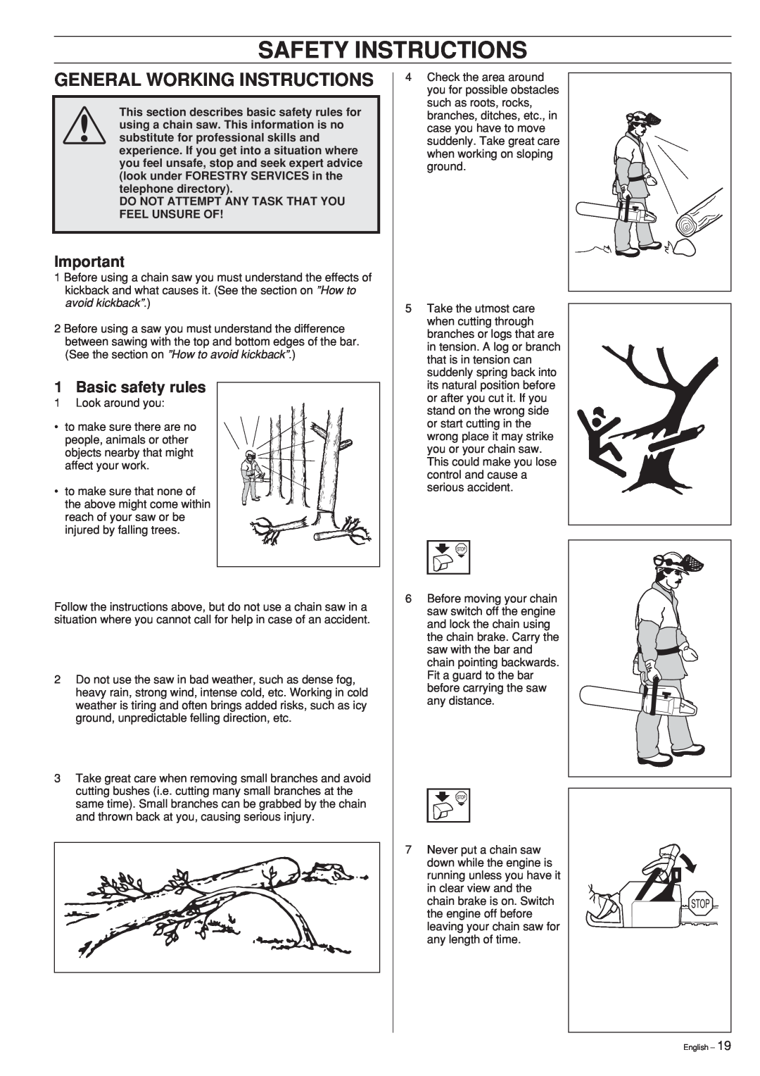 Jonsered CS 2152 manual General Working Instructions, Basic safety rules, Safety Instructions 