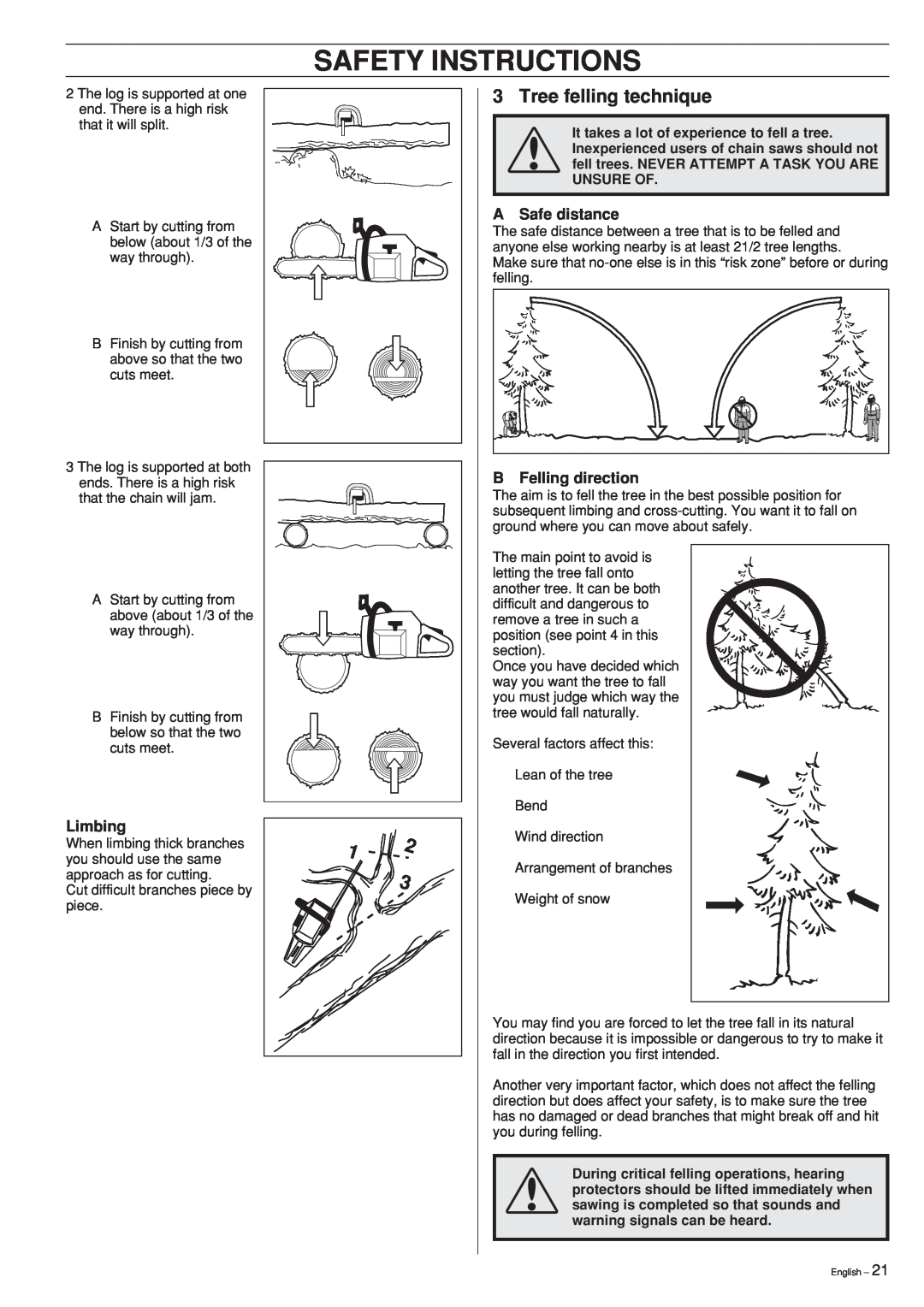 Jonsered CS 2152 manual Tree felling technique, A Safe distance, Limbing, B Felling direction, Safety Instructions 