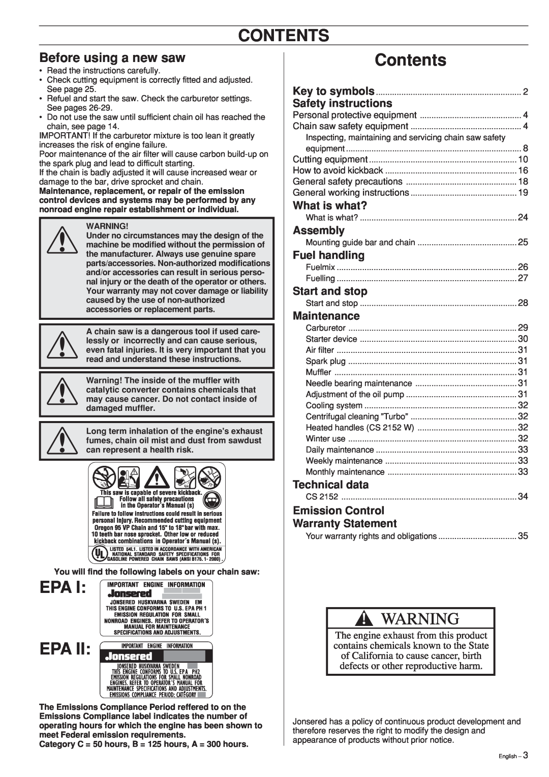 Jonsered CS 2152 Contents, Epa Epa, Before using a new saw, Safety instructions, What is what?, Assembly, Fuel handling 