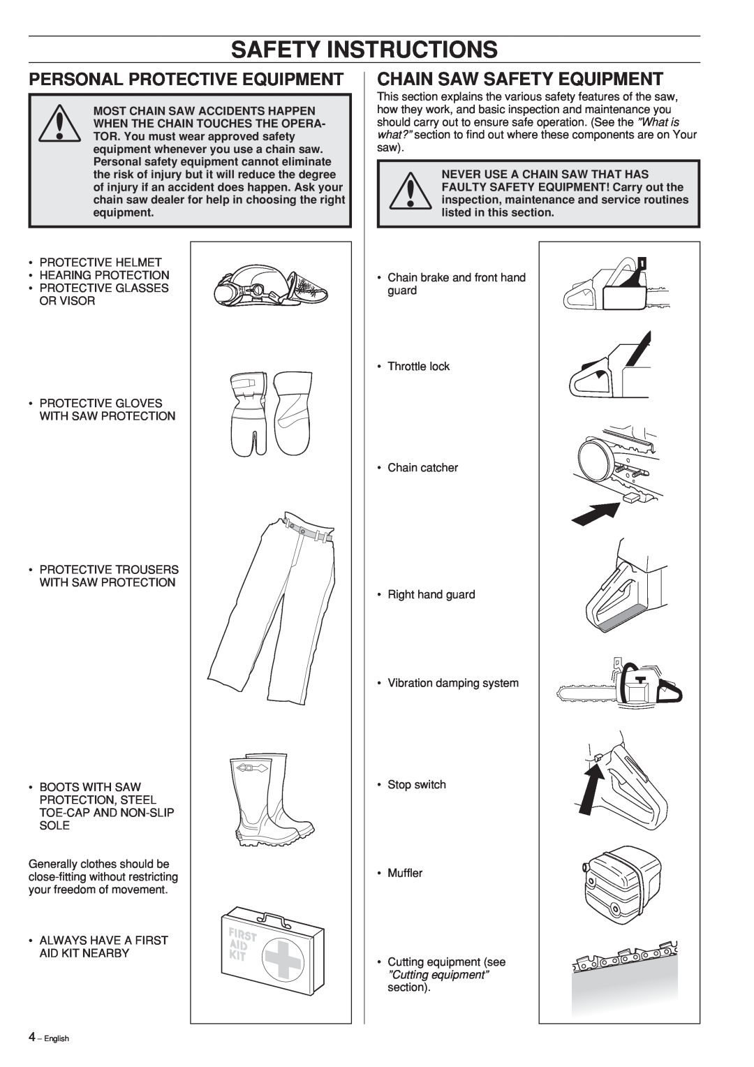 Jonsered CS 2152 manual Safety Instructions, Chain Saw Safety Equipment, Personal Protective Equipment 
