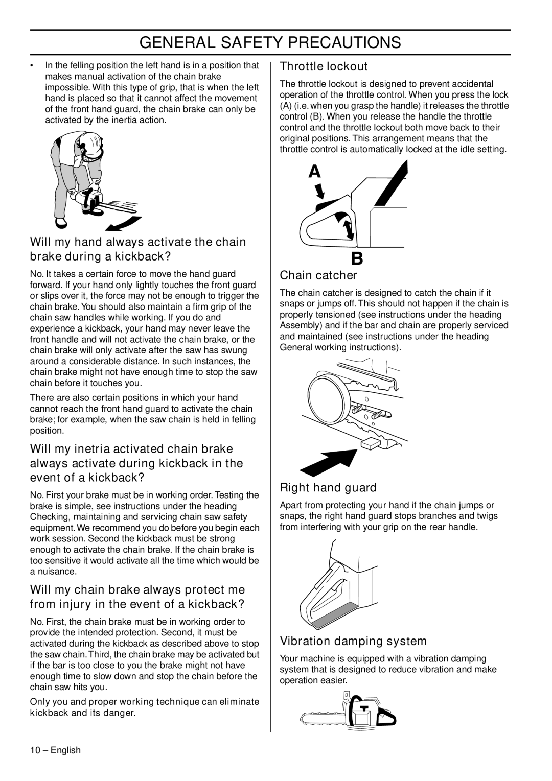 Jonsered CS 2153 EPA I, CS 2152 EPA III manual Throttle lockout, Chain catcher, Right hand guard, Vibration damping system 