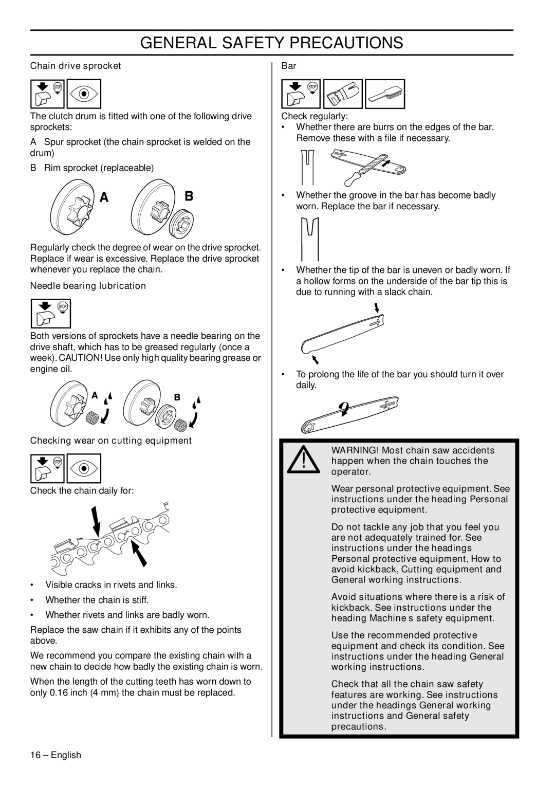 Jonsered CS 2153 EPA I manual Chain drive sprocket, Needle bearing lubrication, Checking wear on cutting equipment 