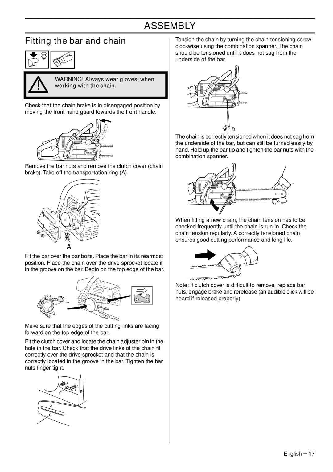 Jonsered CS 2152 EPA III, CS 2153 EPA I manual Assembly, Fitting the bar and chain, Working with the chain 