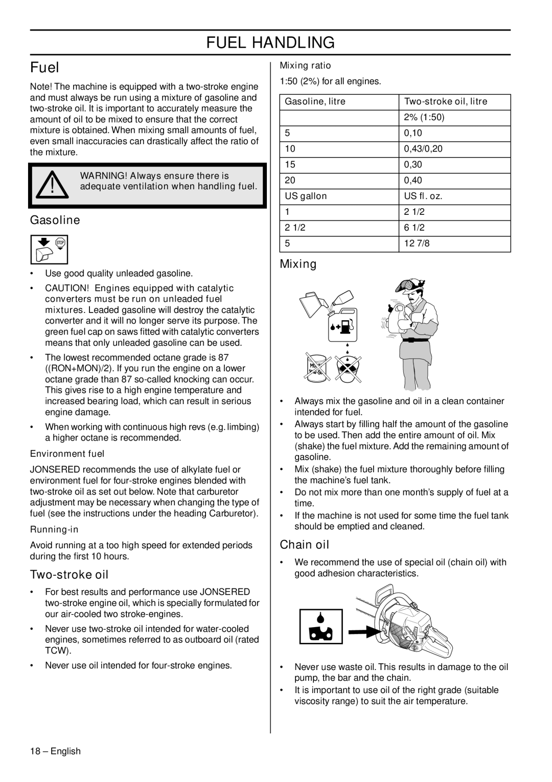 Jonsered CS 2153 EPA I, CS 2152 EPA III manual Fuel Handling 