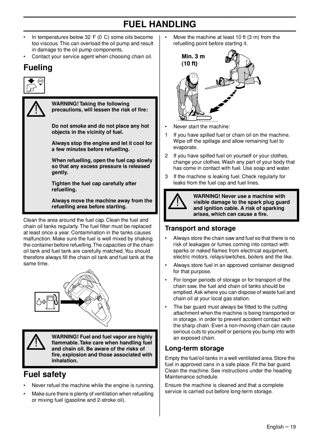 Jonsered CS 2152 EPA III, CS 2153 EPA I manual Fueling, Fuel safety, Transport and storage, Long-term storage 