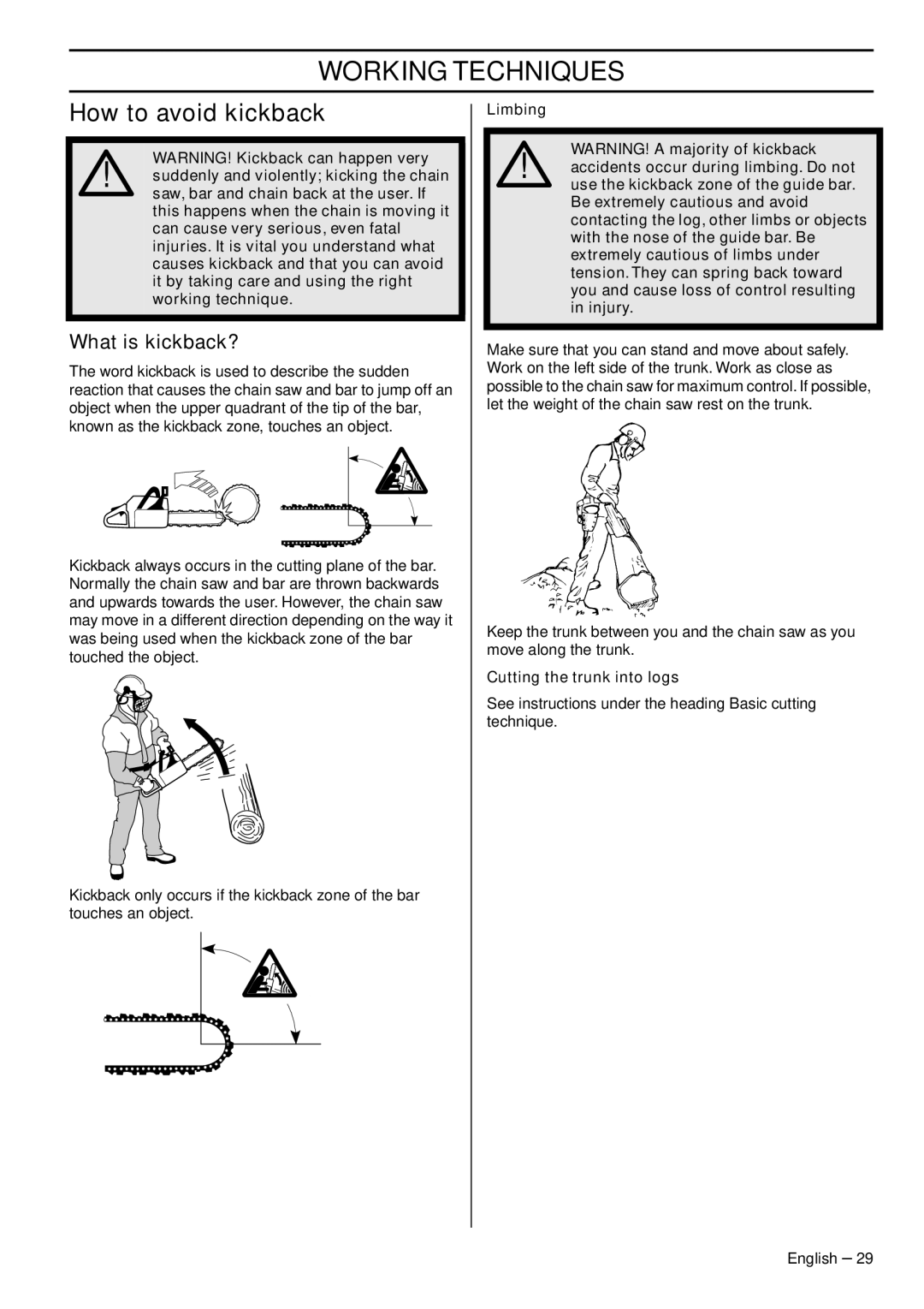 Jonsered CS 2152 EPA III, CS 2153 EPA I manual How to avoid kickback, What is kickback?, Cutting the trunk into logs 