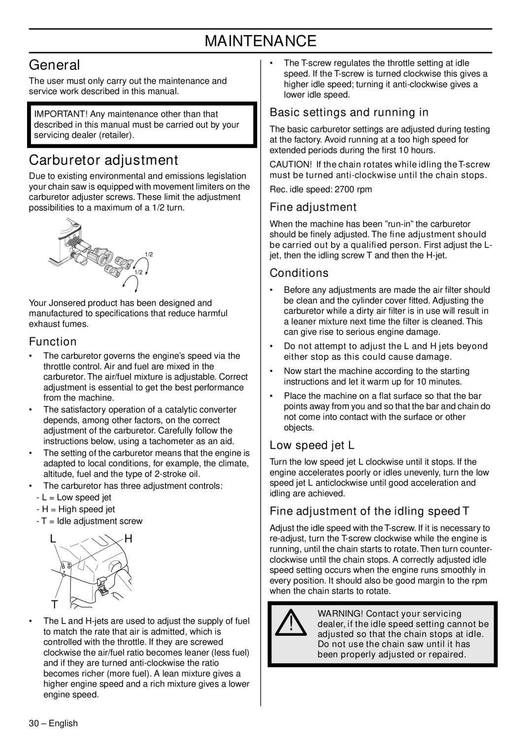 Jonsered CS 2153 EPA I, CS 2152 EPA III manual Maintenance, General, Carburetor adjustment 