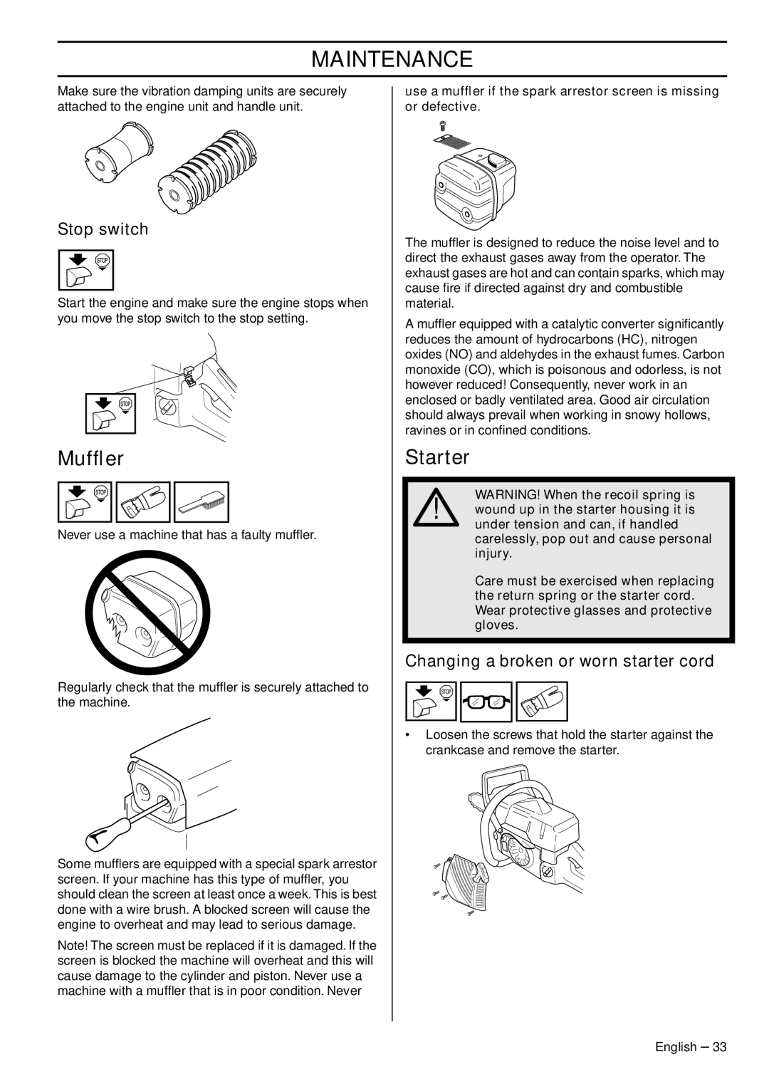 Jonsered CS 2152 EPA III, CS 2153 EPA I manual Mufﬂer, Starter, Changing a broken or worn starter cord 