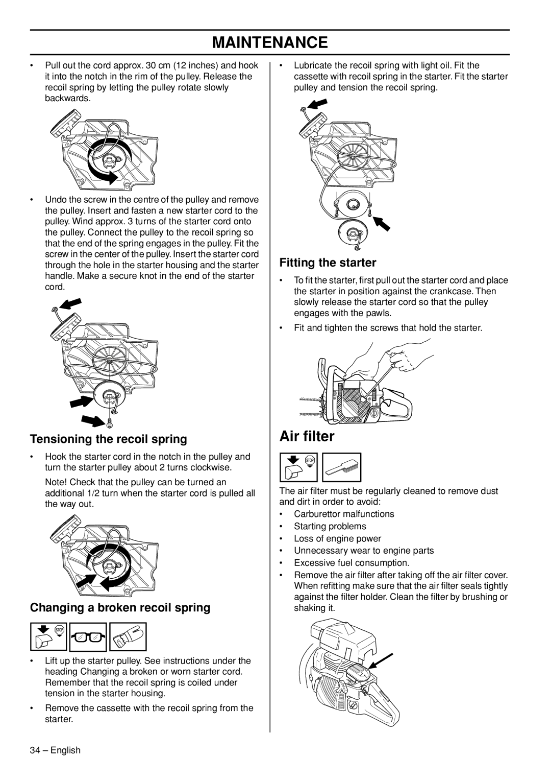 Jonsered CS 2153 EPA I manual Air ﬁlter, Tensioning the recoil spring, Changing a broken recoil spring, Fitting the starter 