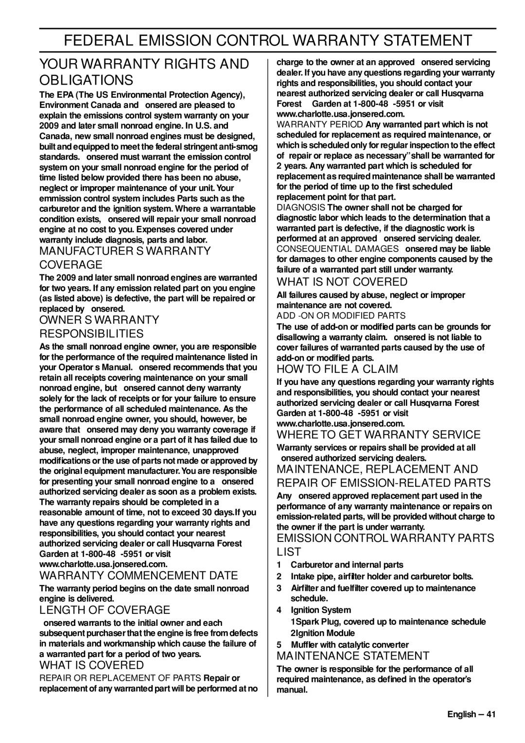 Jonsered CS 2152 EPA III, CS 2153 EPA I Federal Emission Control Warranty Statement, Your Warranty Rights and Obligations 