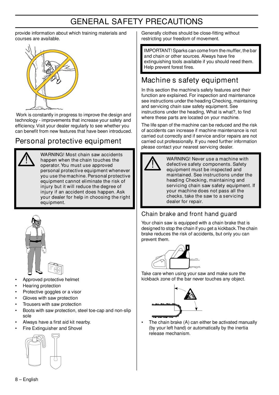 Jonsered CS 2153 EPA I manual Personal protective equipment, Machine′s safety equipment, Chain brake and front hand guard 