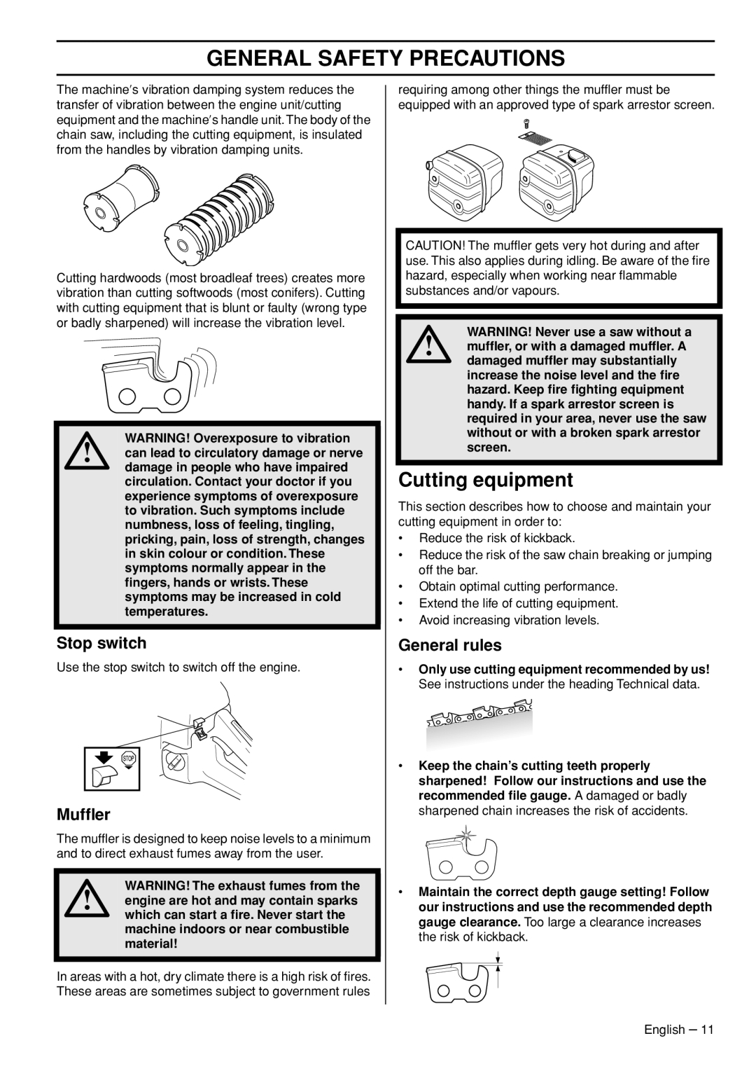 Jonsered CS 2152 EPA III, CS 2153 EPA I Cutting equipment, Stop switch, Mufﬂer, General rules, General Safety Precautions 