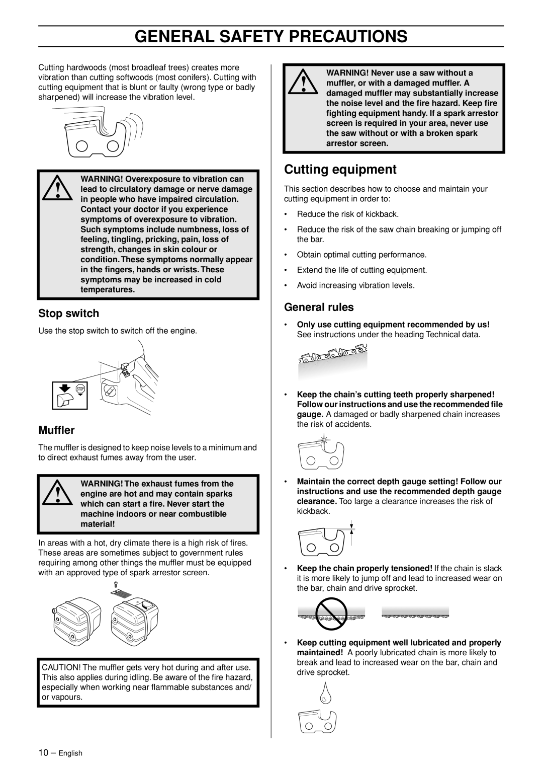 Jonsered CS 2153 manual Cutting equipment, Stop switch, Mufﬂer, General rules 