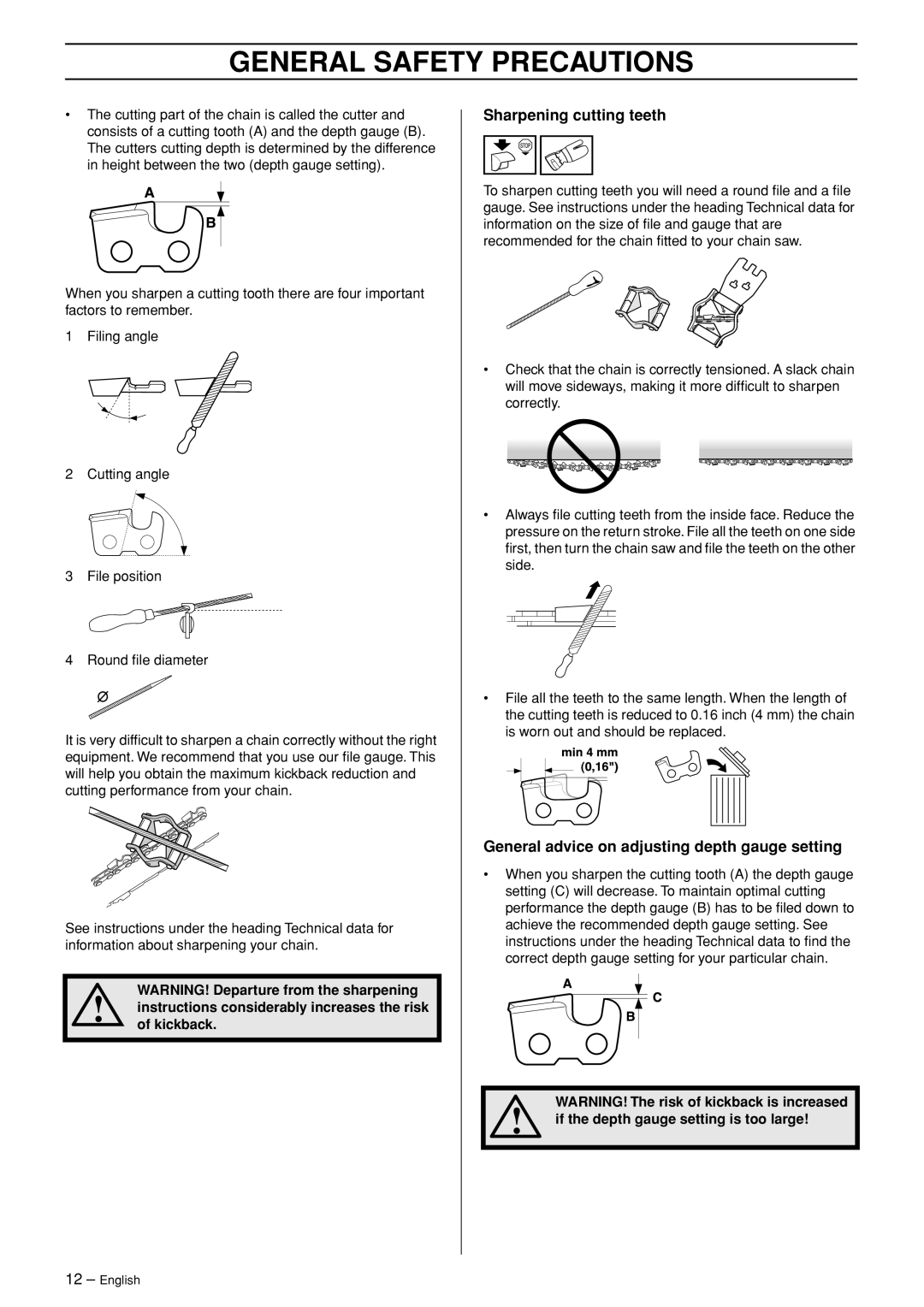 Jonsered CS 2153 manual Sharpening cutting teeth, General advice on adjusting depth gauge setting 