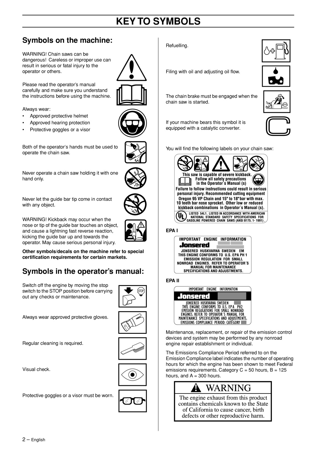 Jonsered CS 2153 KEY to Symbols, Symbols on the machine, Symbols in the operator’s manual 