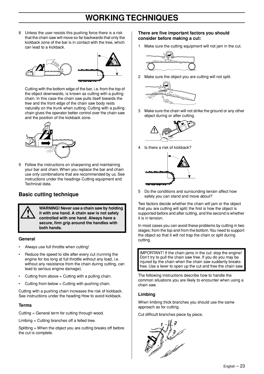 Jonsered CS 2153 manual Basic cutting technique, General, Terms, Limbing 