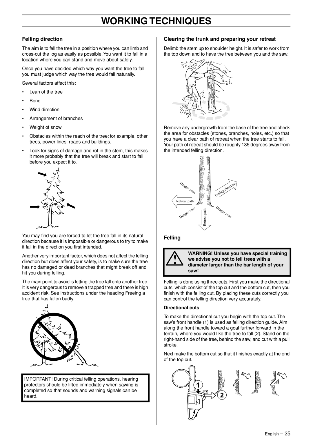 Jonsered CS 2153 manual Felling direction, Clearing the trunk and preparing your retreat, Directional cuts 