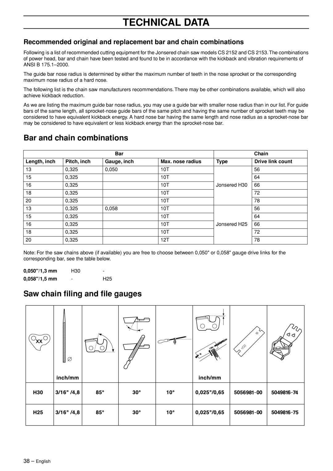 Jonsered CS 2153 manual Bar and chain combinations, Saw chain ﬁling and ﬁle gauges, 050/1,3 mm, 058/1,5 mm 