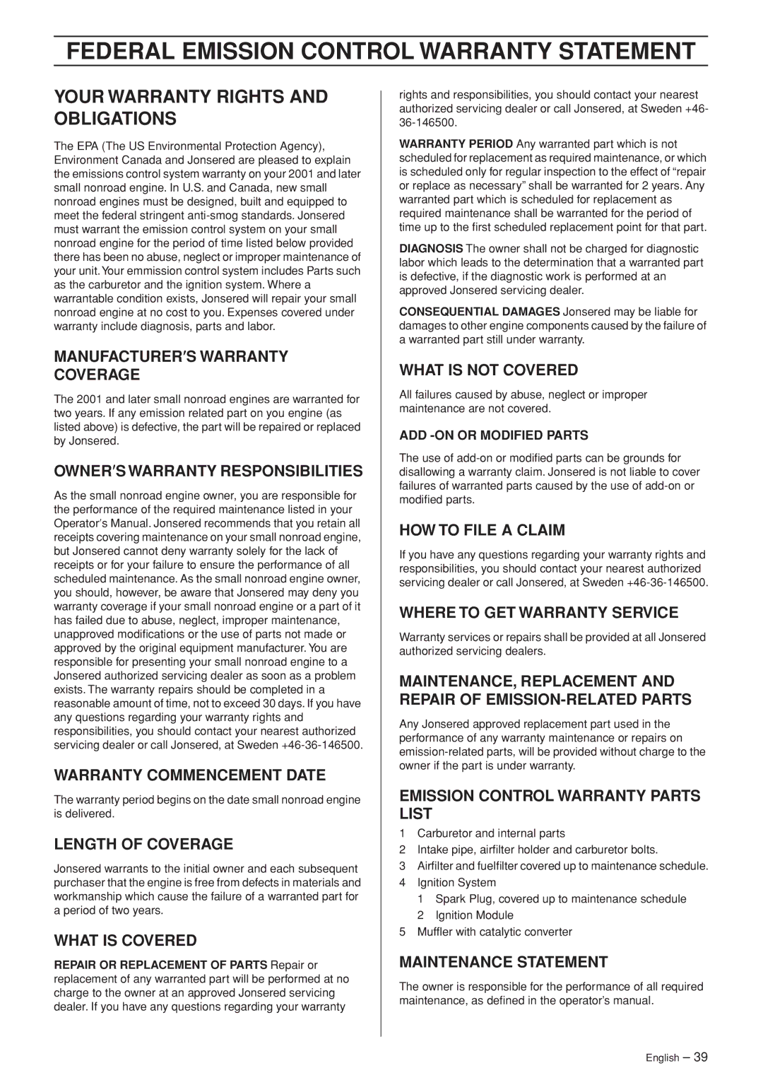 Jonsered CS 2153 manual Federal Emission Control Warranty Statement, Your Warranty Rights and Obligations 