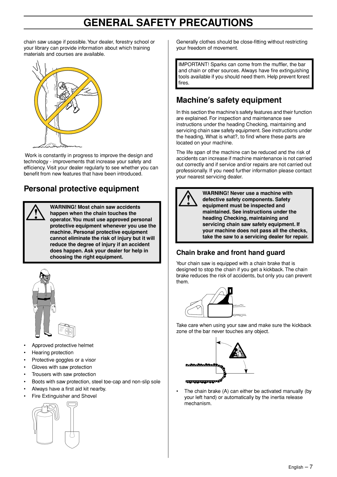 Jonsered CS 2153 manual Personal protective equipment, Machine′s safety equipment, Chain brake and front hand guard 