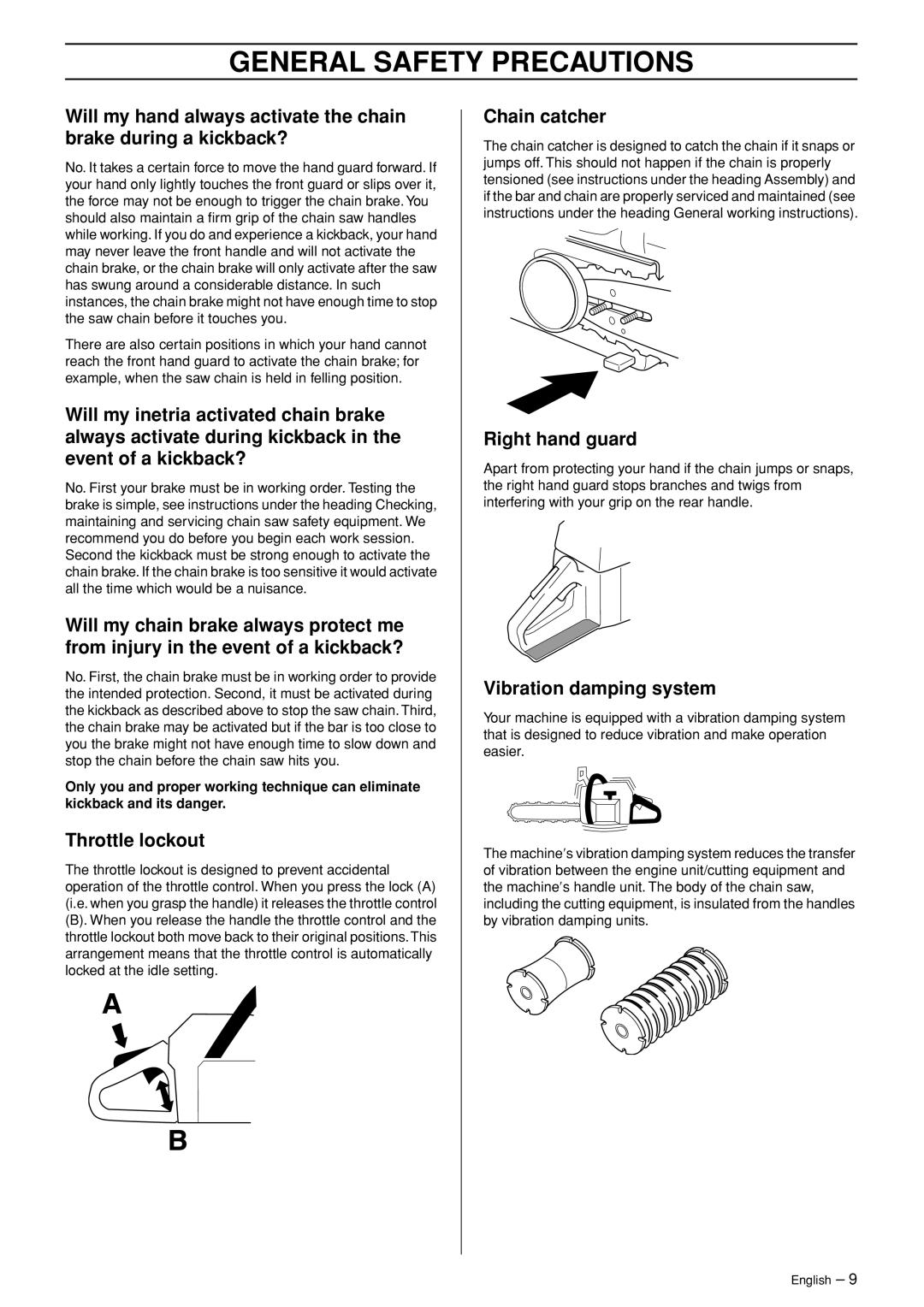 Jonsered CS 2153 manual Throttle lockout, Chain catcher, Right hand guard, Vibration damping system 