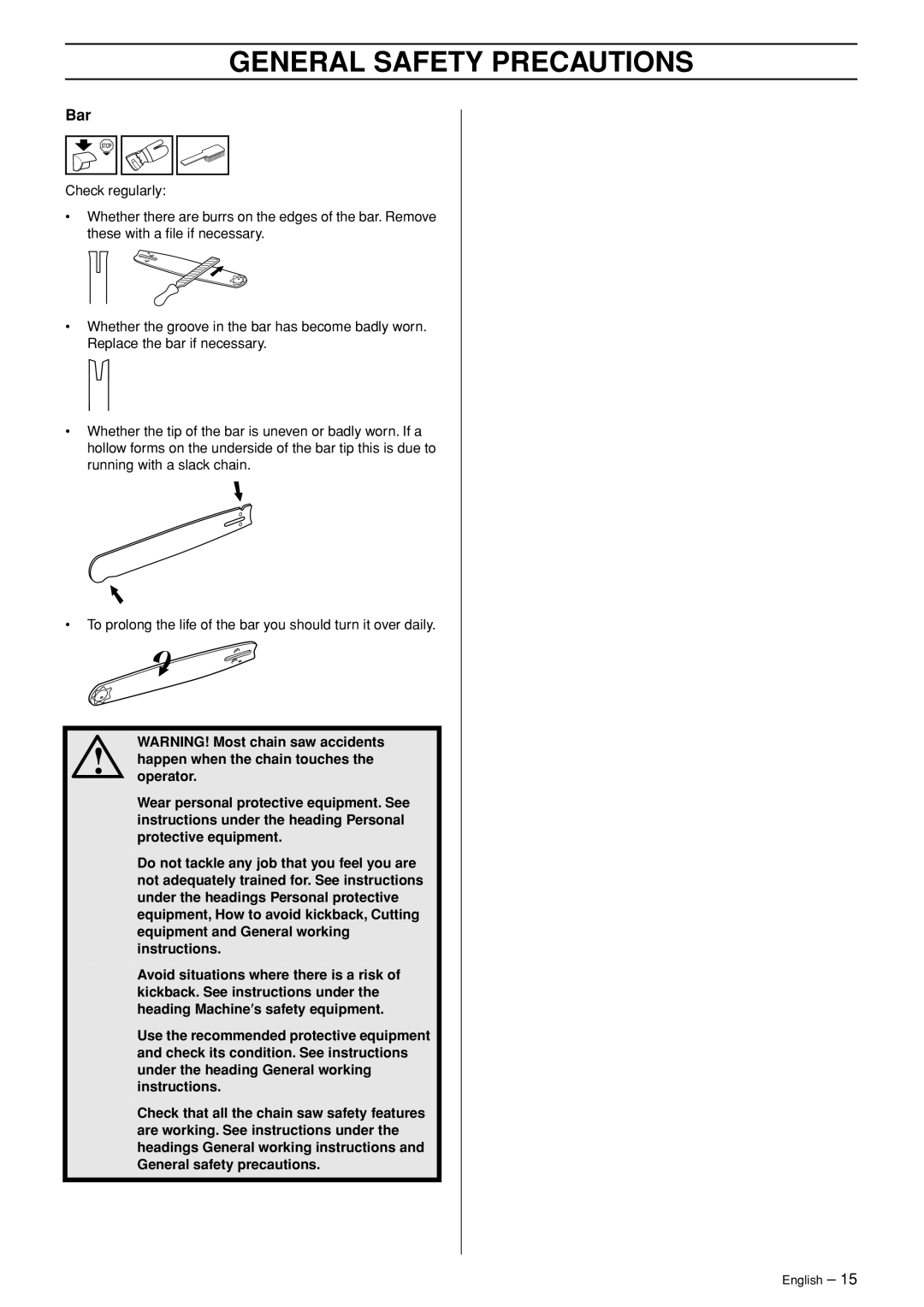 Jonsered CS 2153 manual General Safety Precautions, Check regularly 