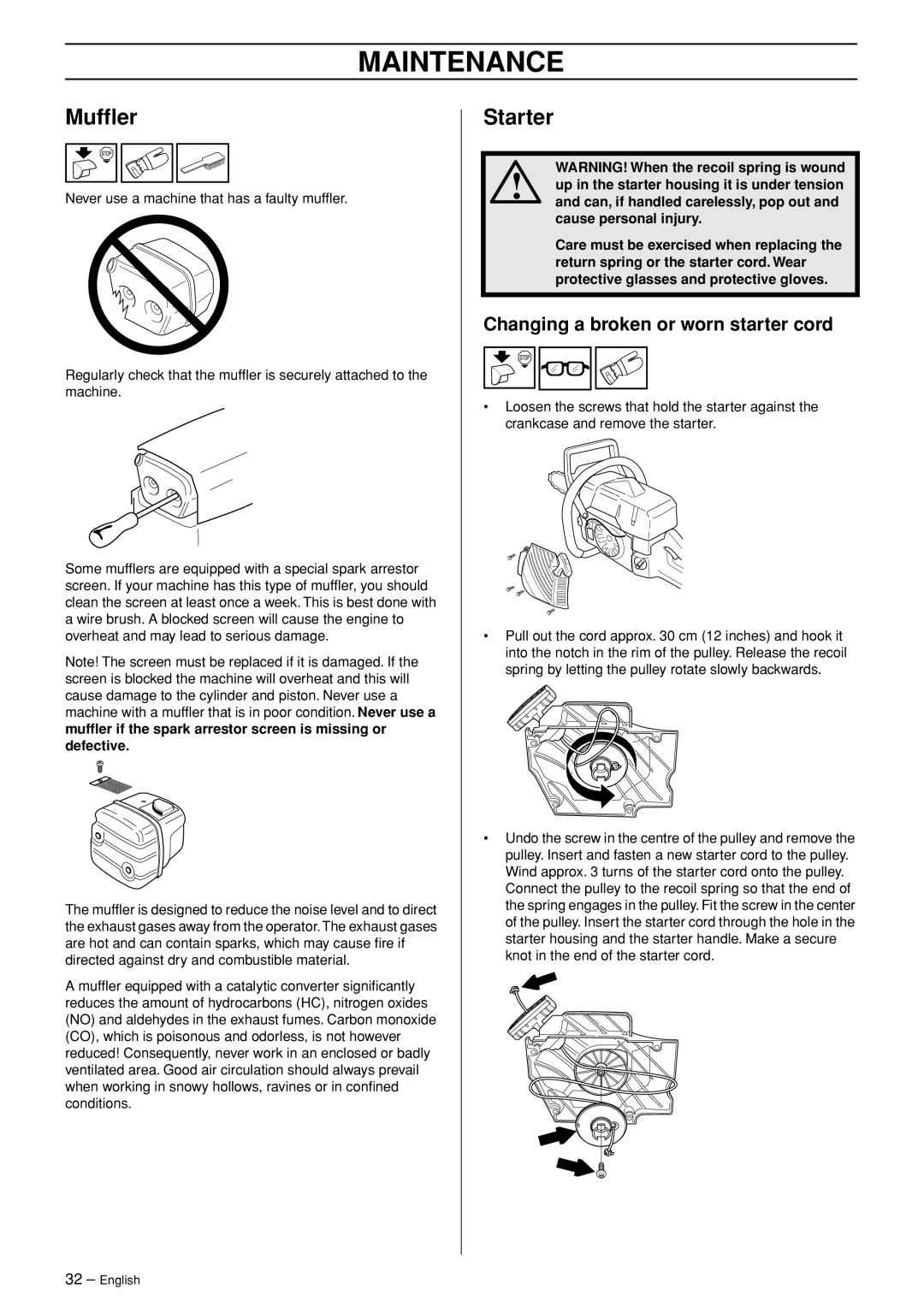 Jonsered CS 2153 manual Mufﬂer, Starter, Changing a broken or worn starter cord, Maintenance 