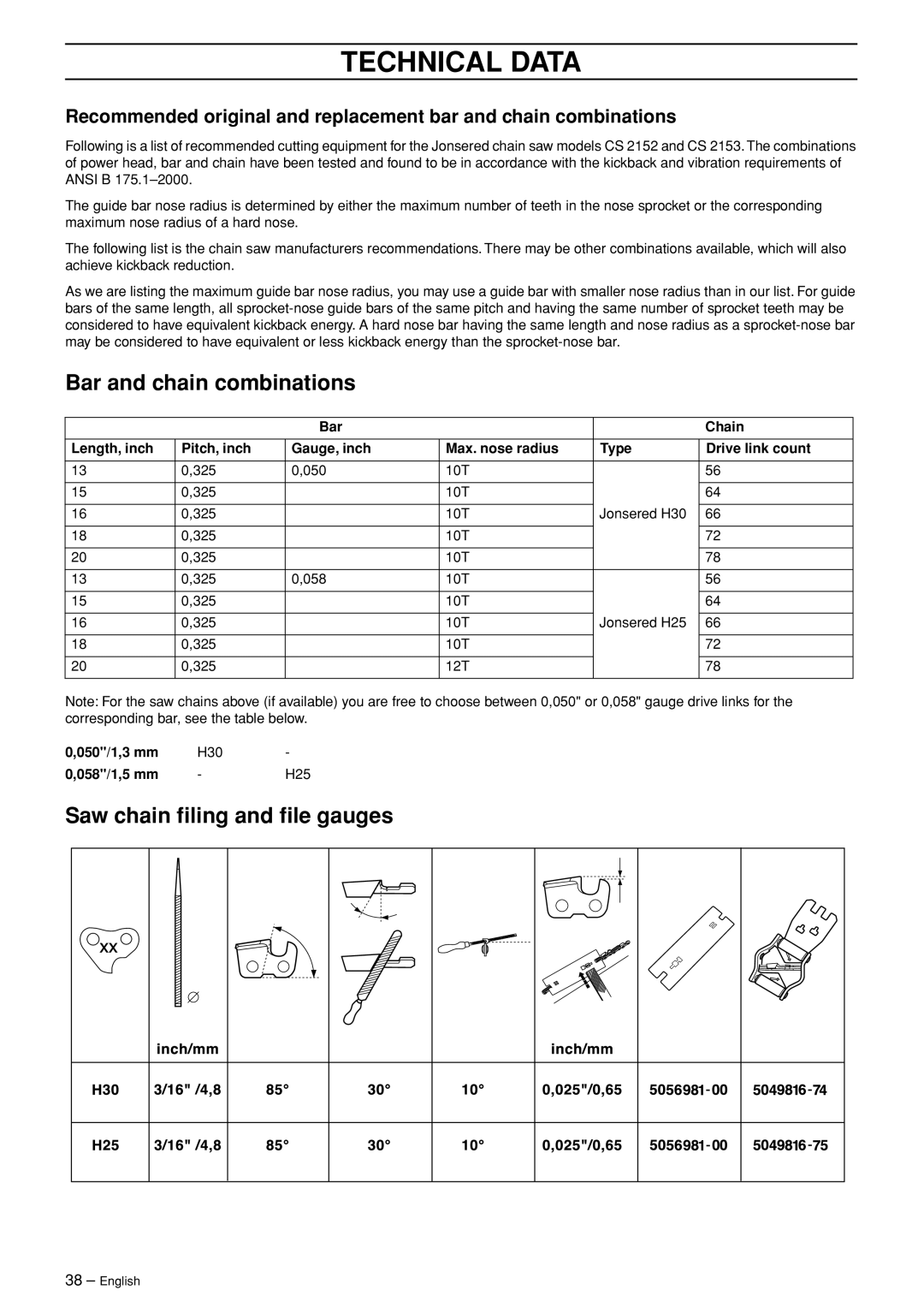 Jonsered CS 2153 manual Bar and chain combinations, Saw chain ﬁling and ﬁle gauges, Technical Data 