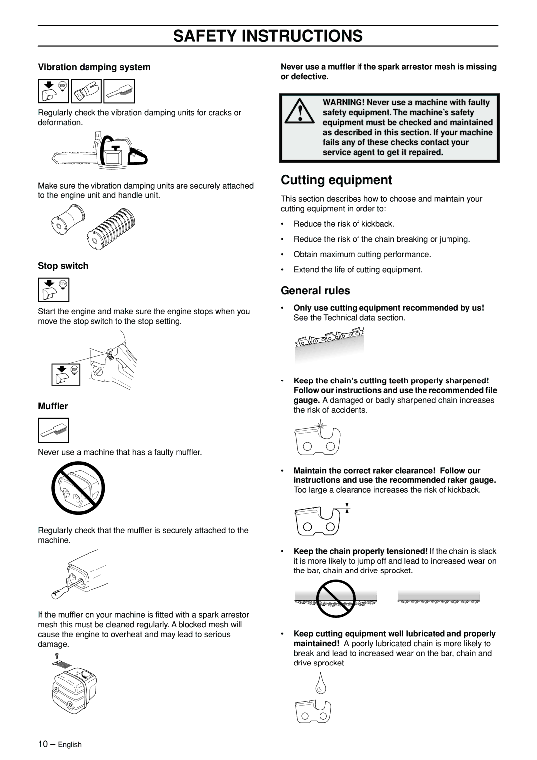 Jonsered CS 2156 manual Cutting equipment, General rules, Vibration damping system, Stop switch, Mufﬂer 