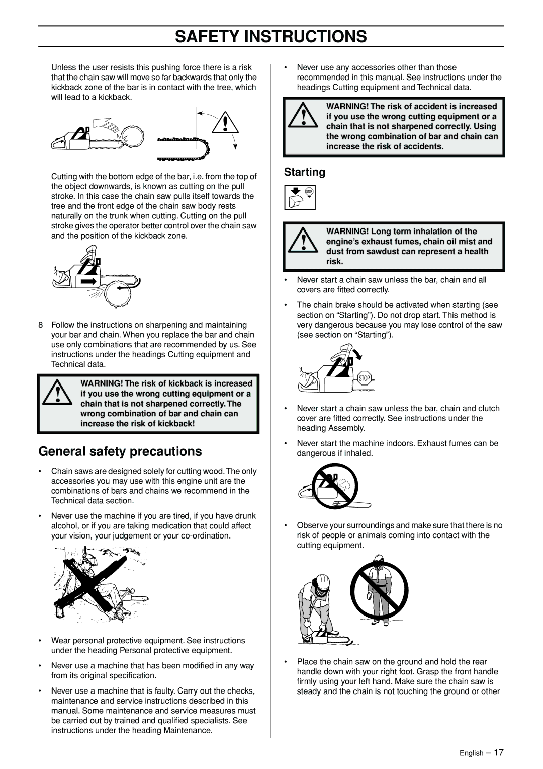 Jonsered CS 2156 manual General safety precautions, Starting 