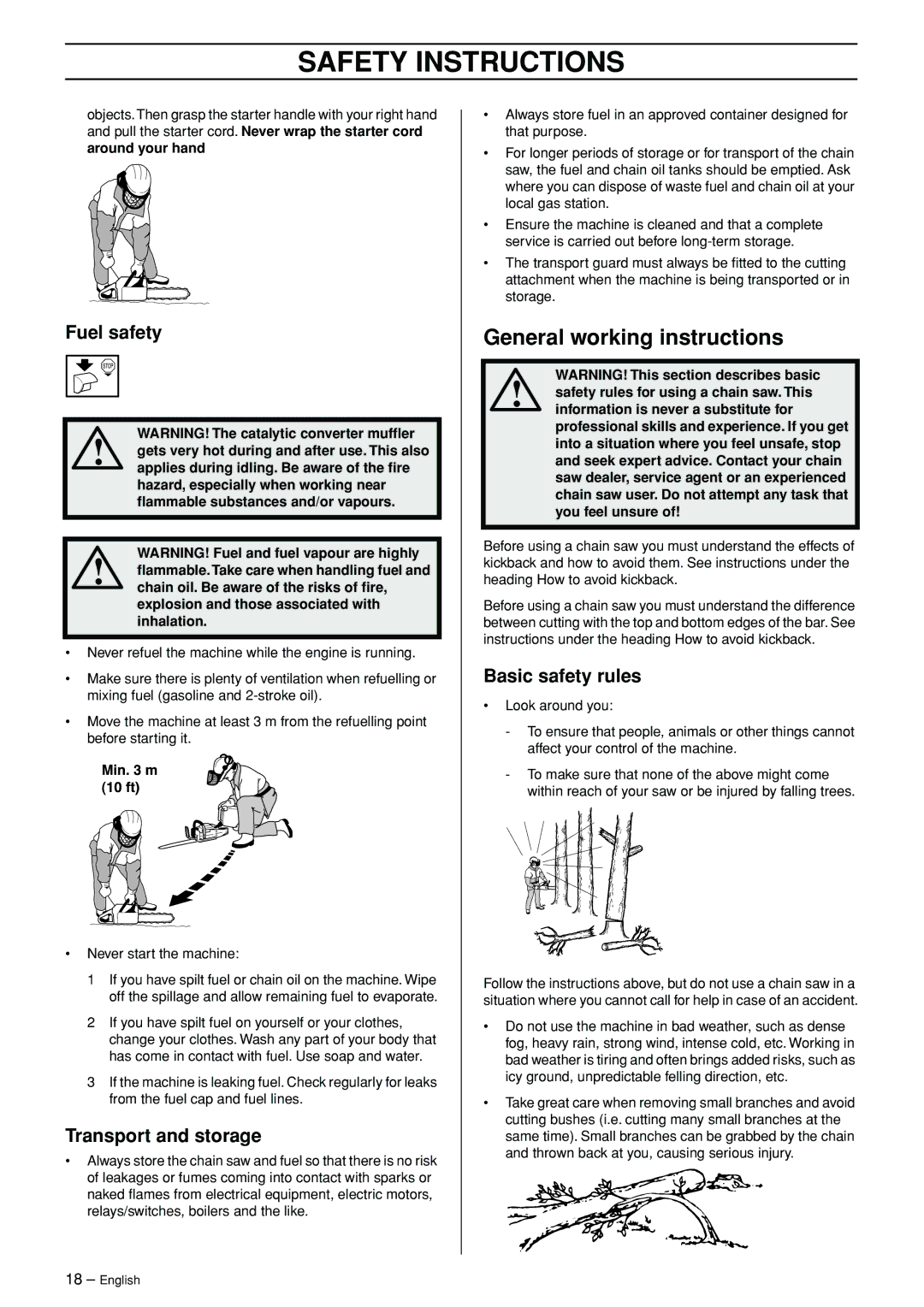 Jonsered CS 2156 manual General working instructions, Fuel safety, Transport and storage, Basic safety rules 