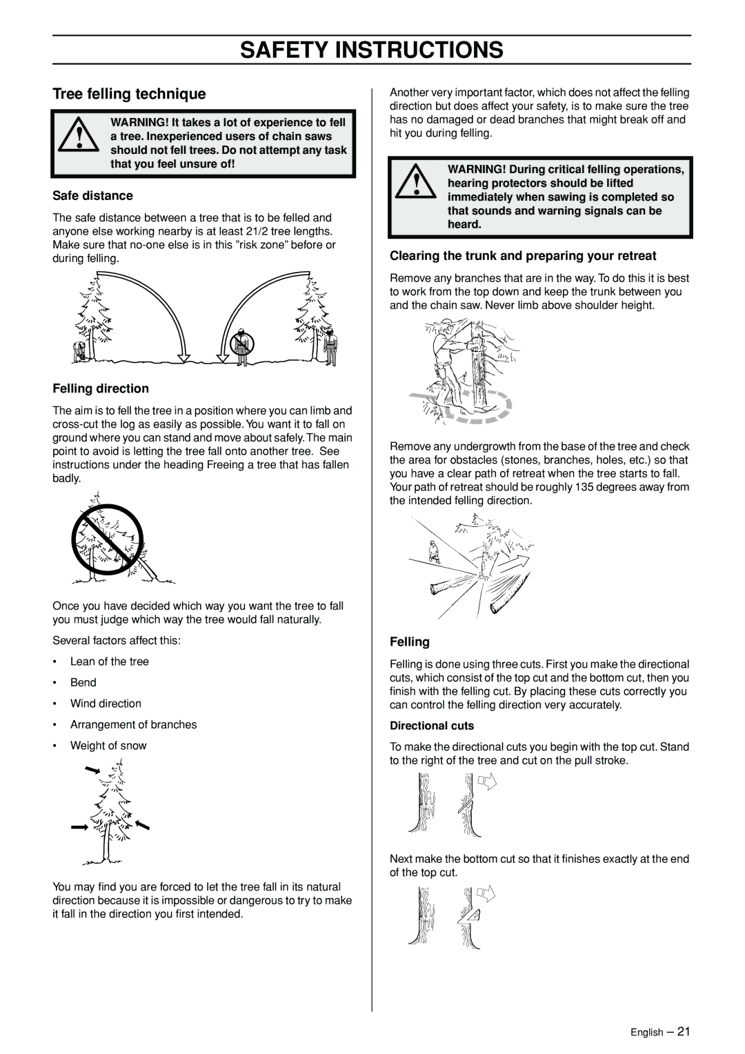 Jonsered CS 2156 Tree felling technique, Safe distance, Felling direction, Clearing the trunk and preparing your retreat 