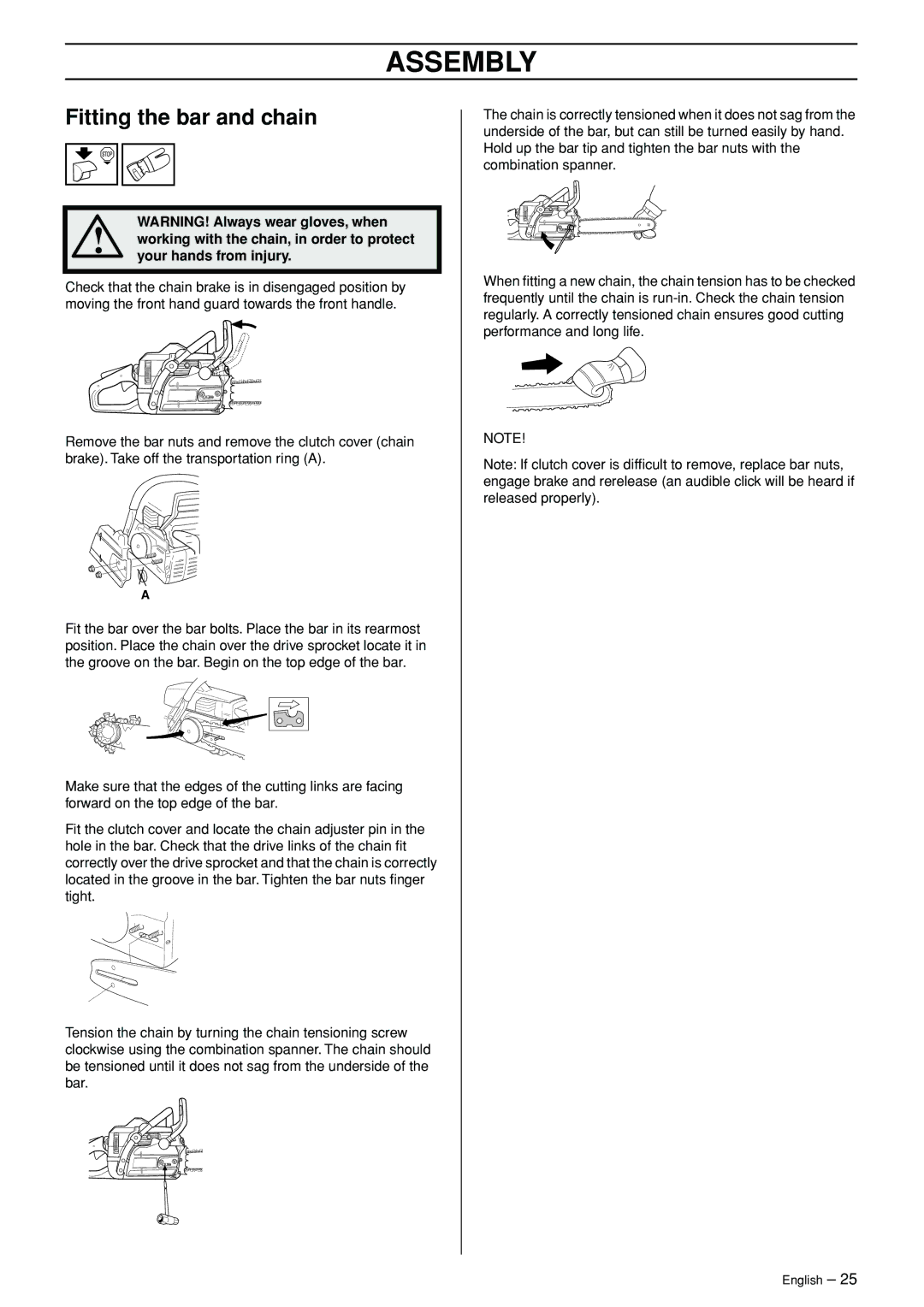 Jonsered CS 2156 manual Assembly, Fitting the bar and chain 