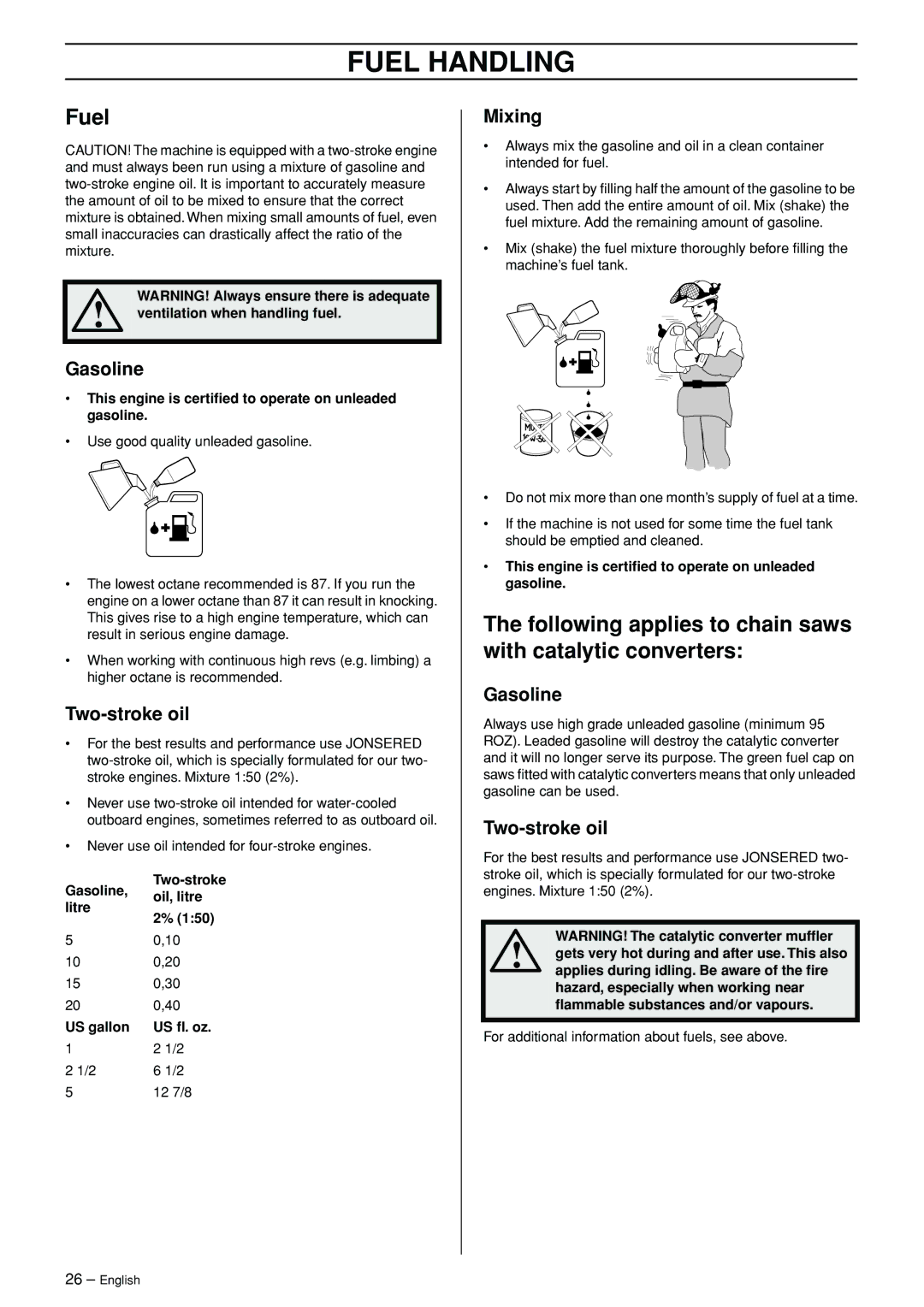 Jonsered CS 2156 manual Fuel Handling, Following applies to chain saws with catalytic converters 