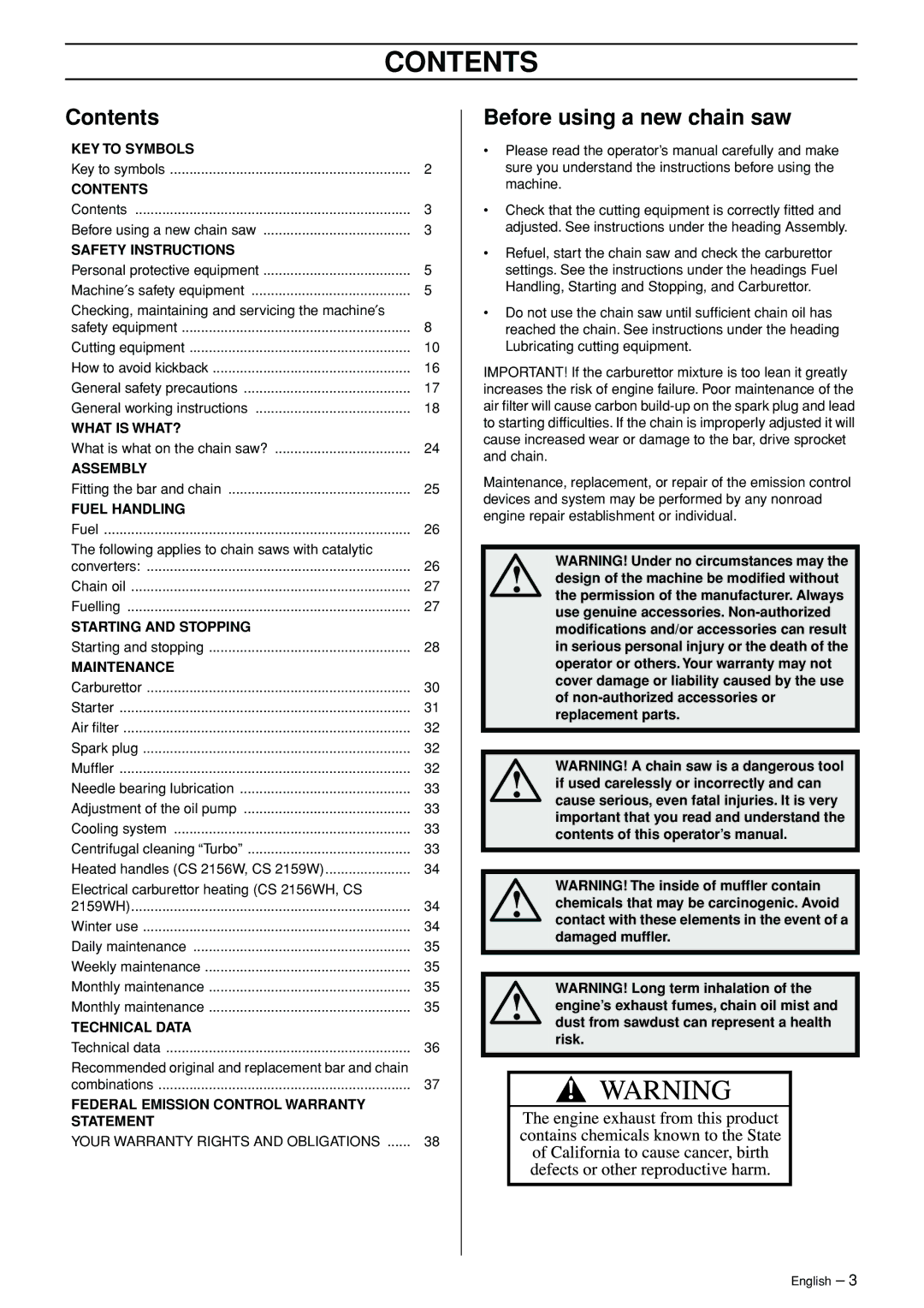 Jonsered CS 2156 manual Contents 