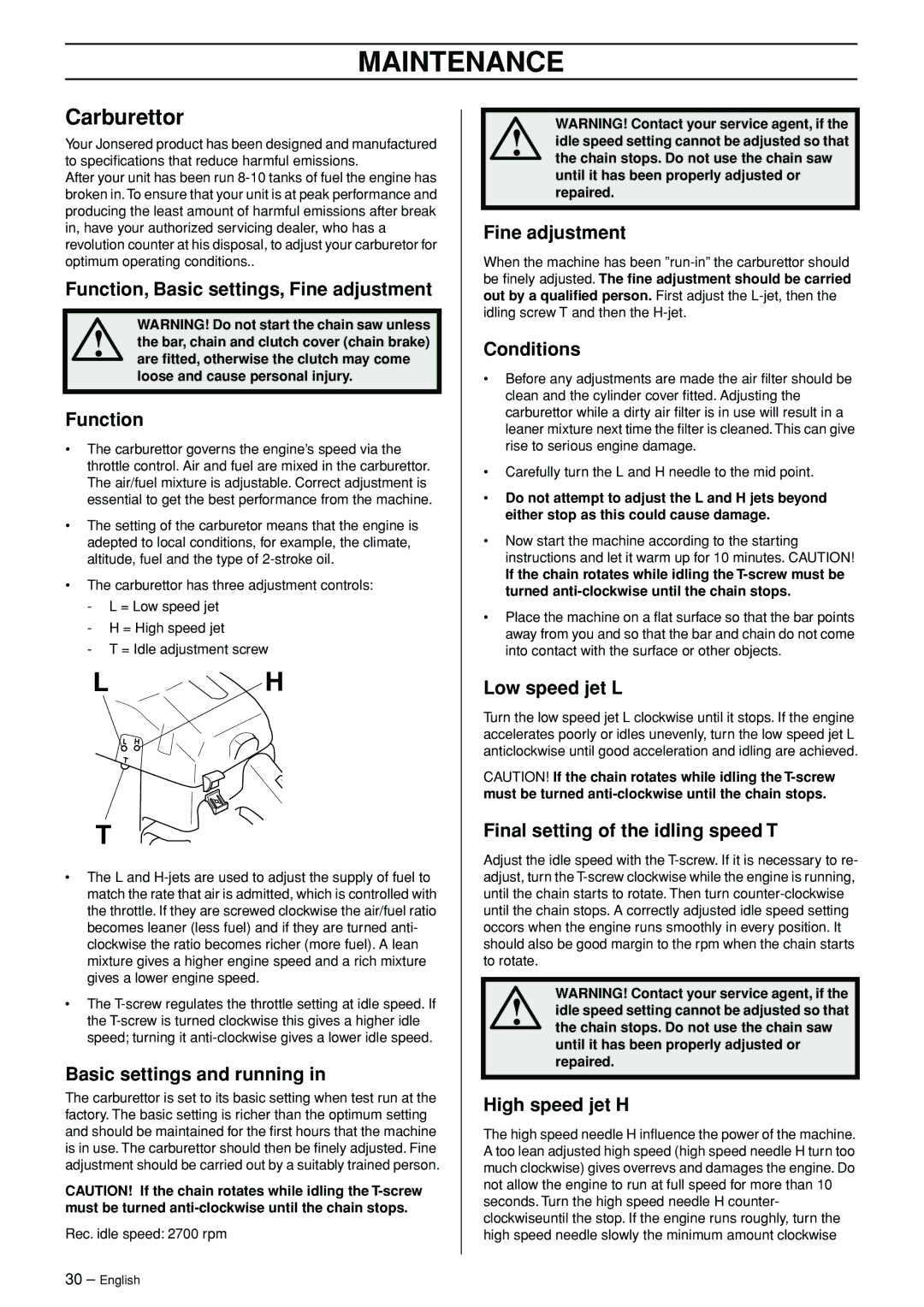 Jonsered CS 2156 manual Maintenance, Carburettor 