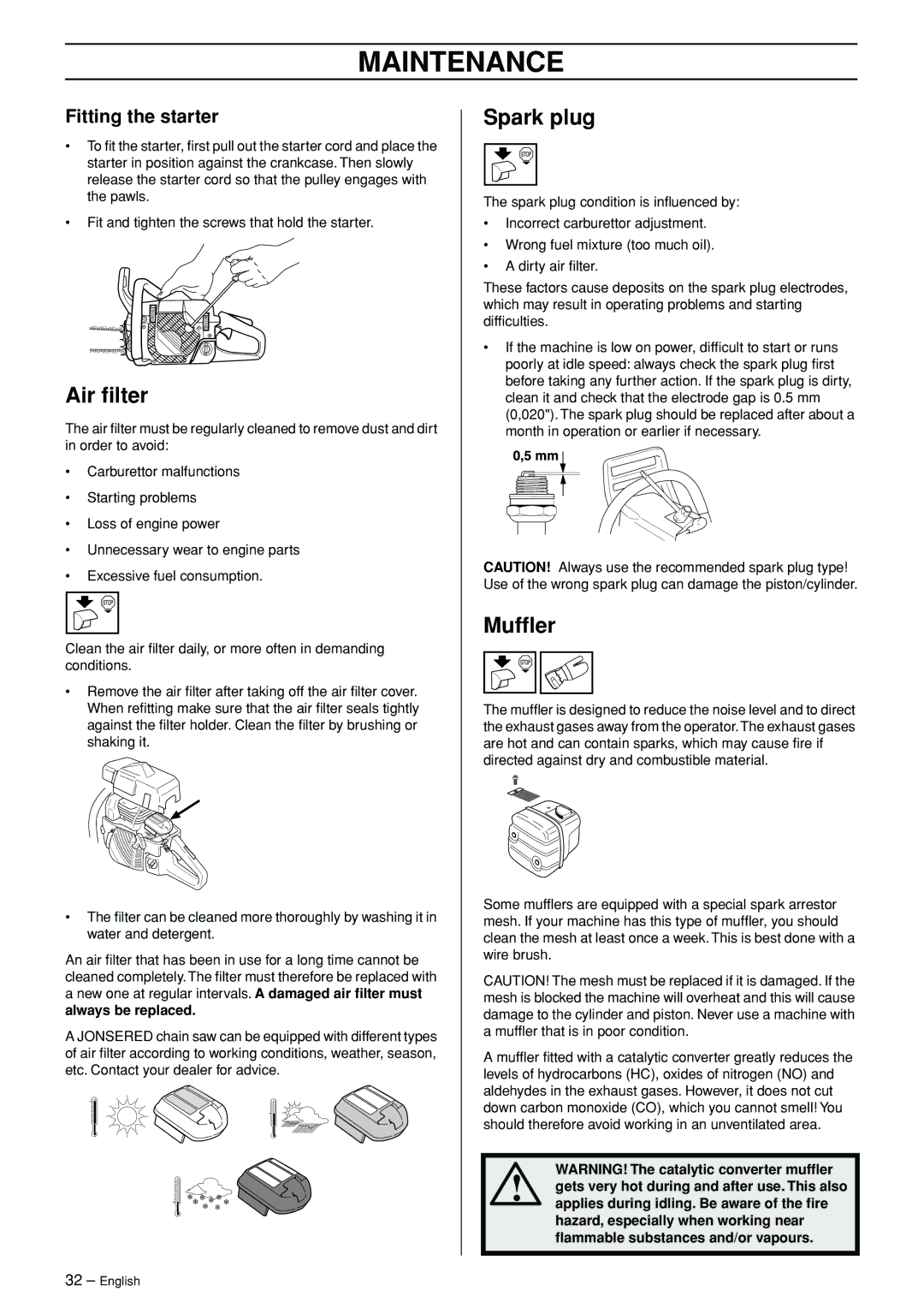 Jonsered CS 2156 manual Air ﬁlter, Spark plug, Mufﬂer, Fitting the starter 