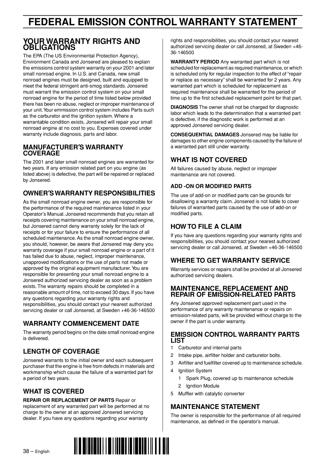 Jonsered CS 2156 manual Federal Emission Control Warranty Statement, Your Warranty Rights and Obligations 