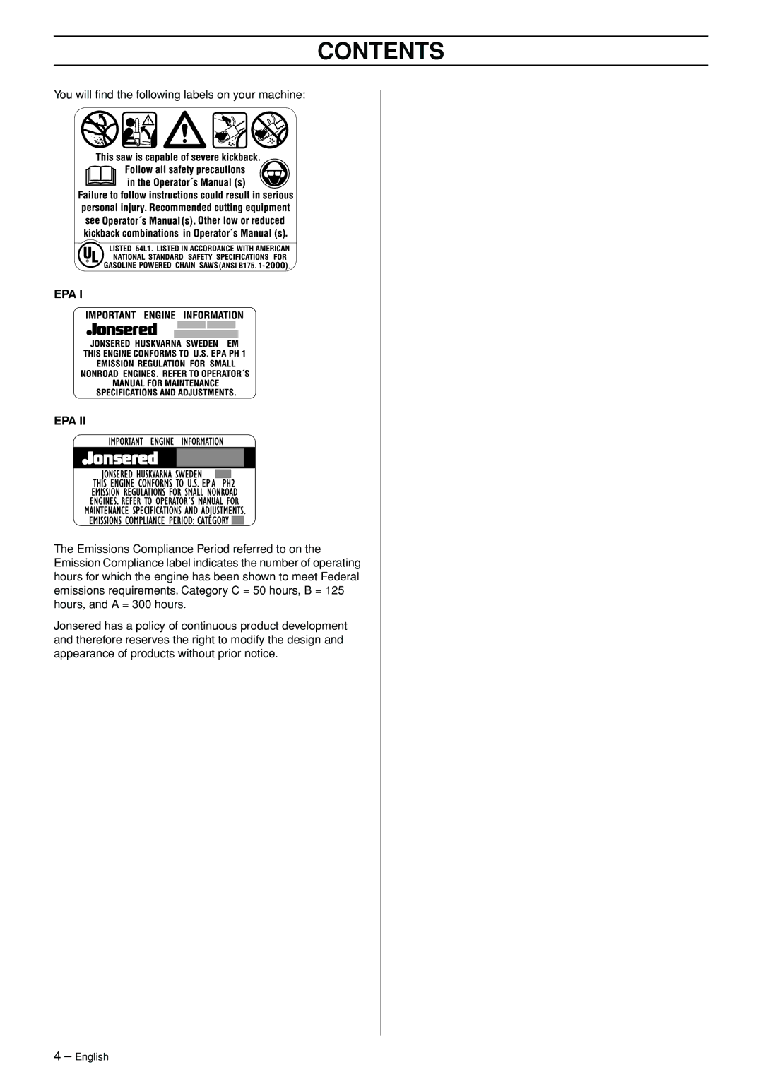 Jonsered CS 2156 manual Epa 