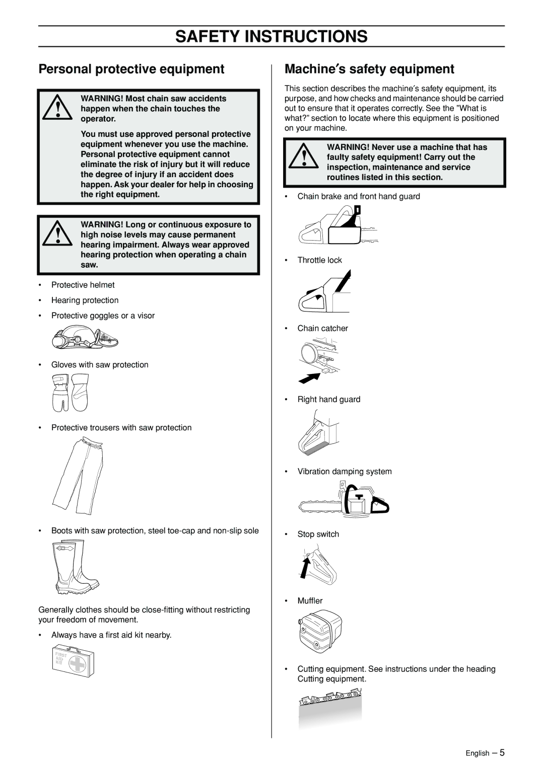 Jonsered CS 2156 manual Safety Instructions, Personal protective equipment, Machine′s safety equipment 