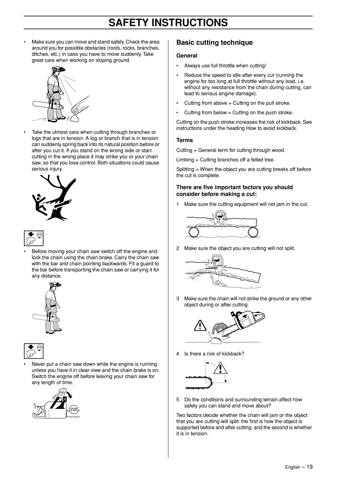 Jonsered CS 2156 manual Basic cutting technique, General, Terms, Safety Instructions 
