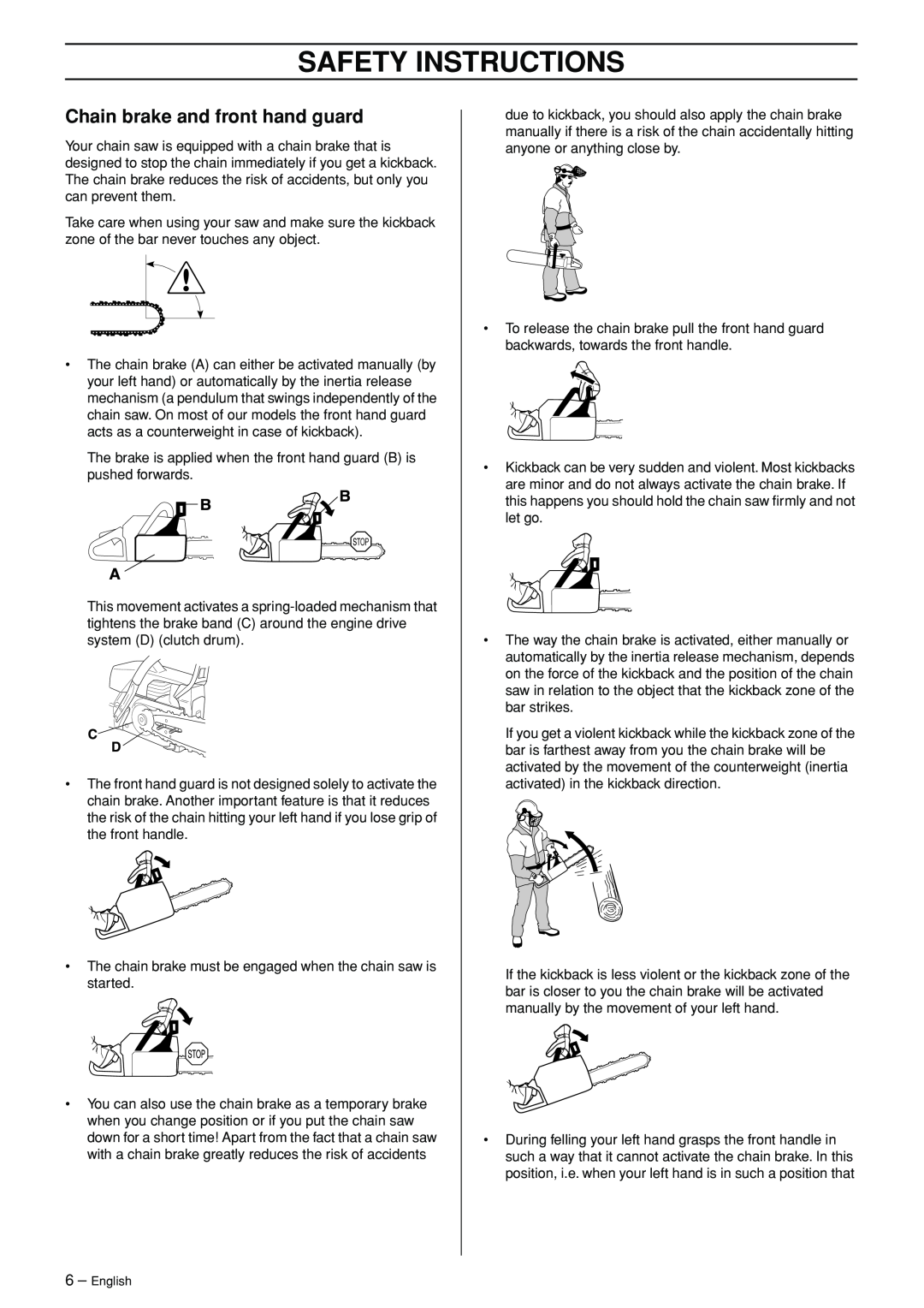 Jonsered CS 2156 manual Chain brake and front hand guard, Safety Instructions 