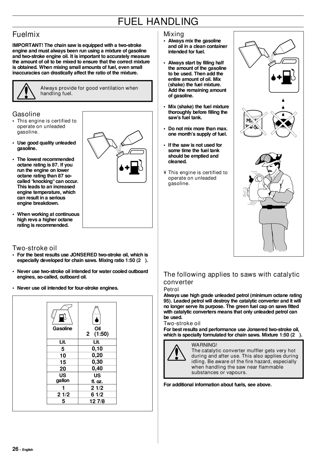 Jonsered cs 2159 manual Fuel Handling, Fuelmix 