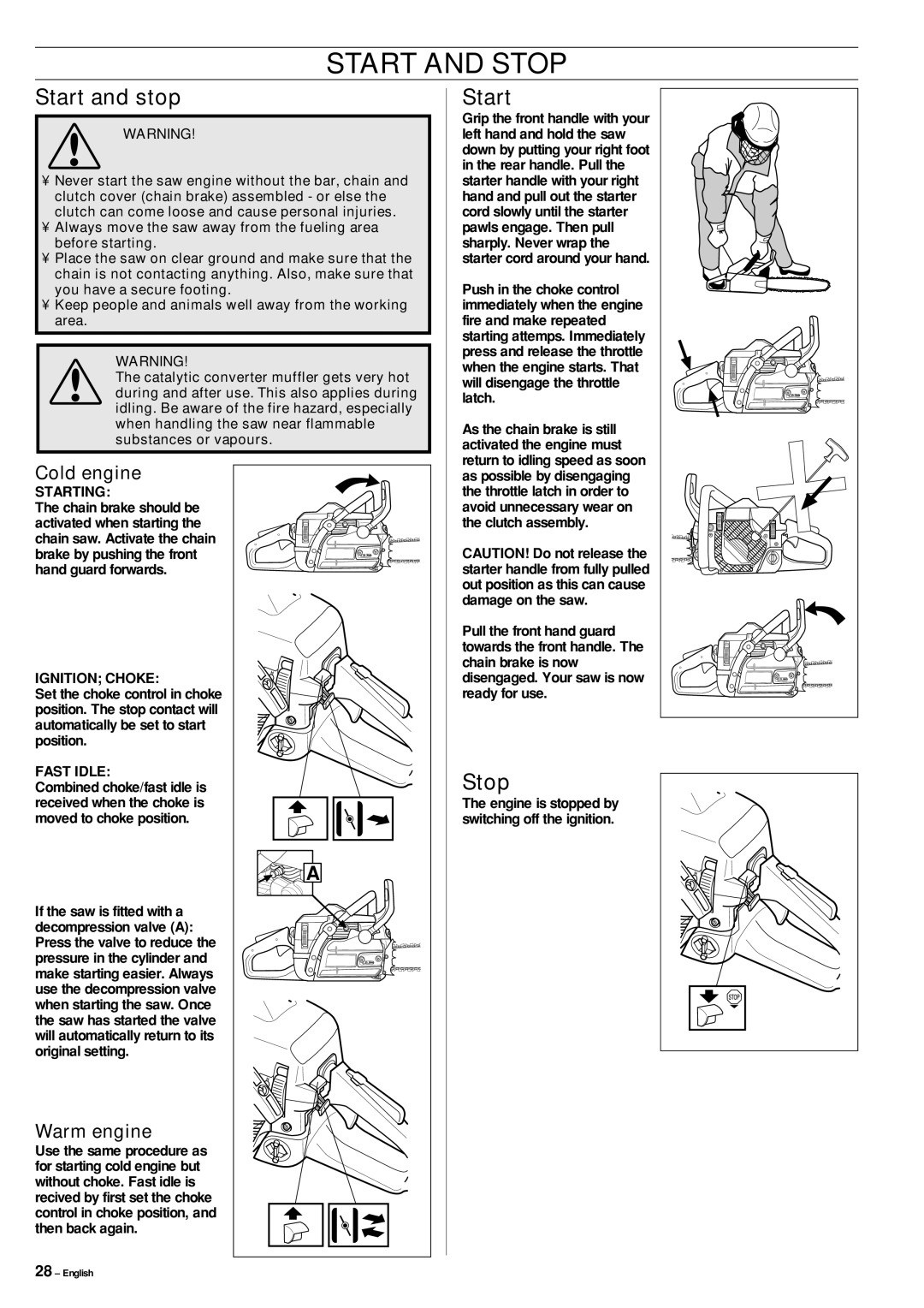 Jonsered cs 2159 manual Start and Stop, Start and stop 